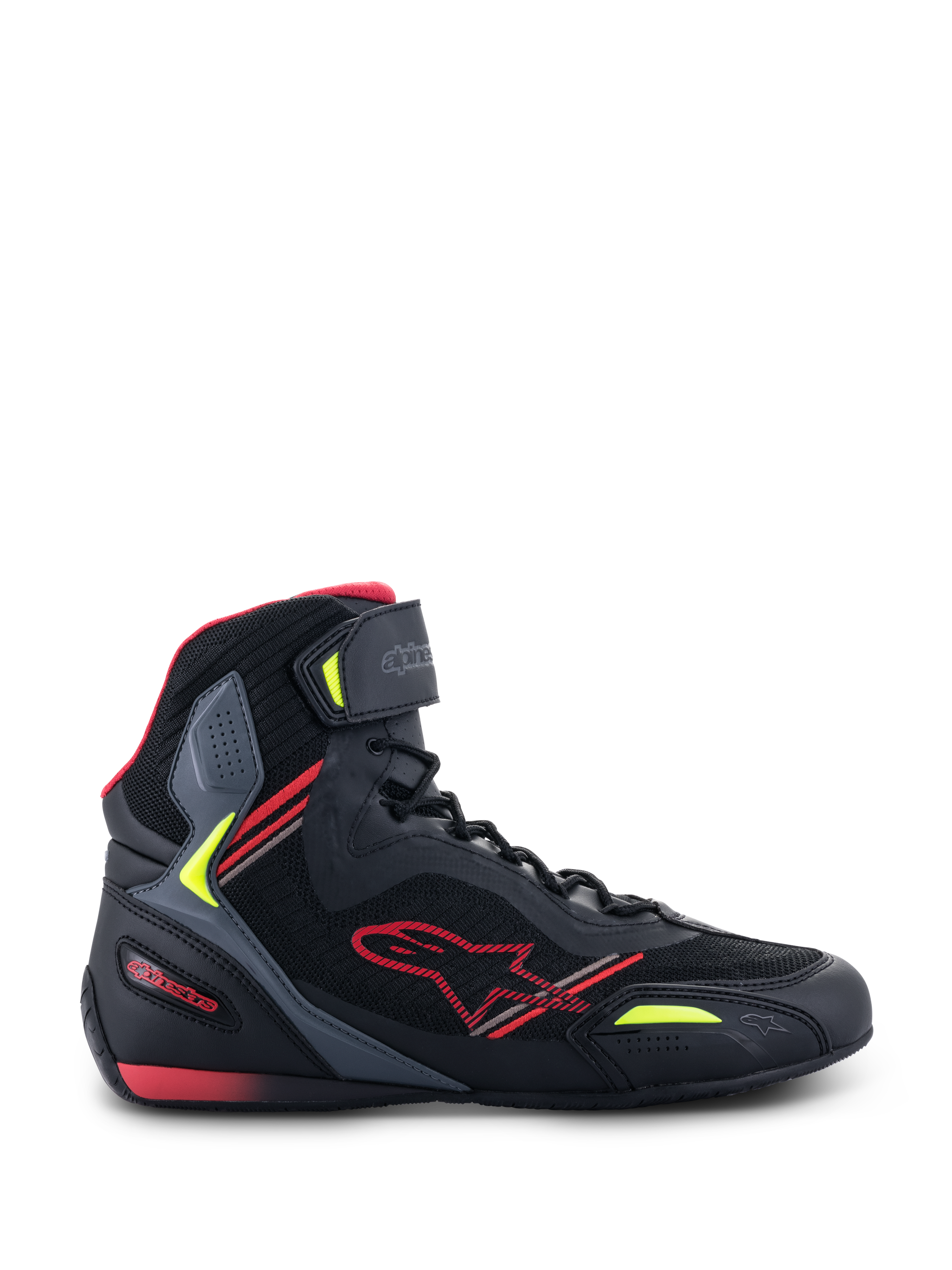 Alpinestars Faster-3 Rideknit®, buty motocyklowe, czarne z czerwonymi i żółtymi akcentami fluo, profil boczny prezentujący konstrukcję z oddychającej siateczki i mikrofibry, fason za kostkę z czerwonym logo gwiazdy i regulowanym paskiem na kostce