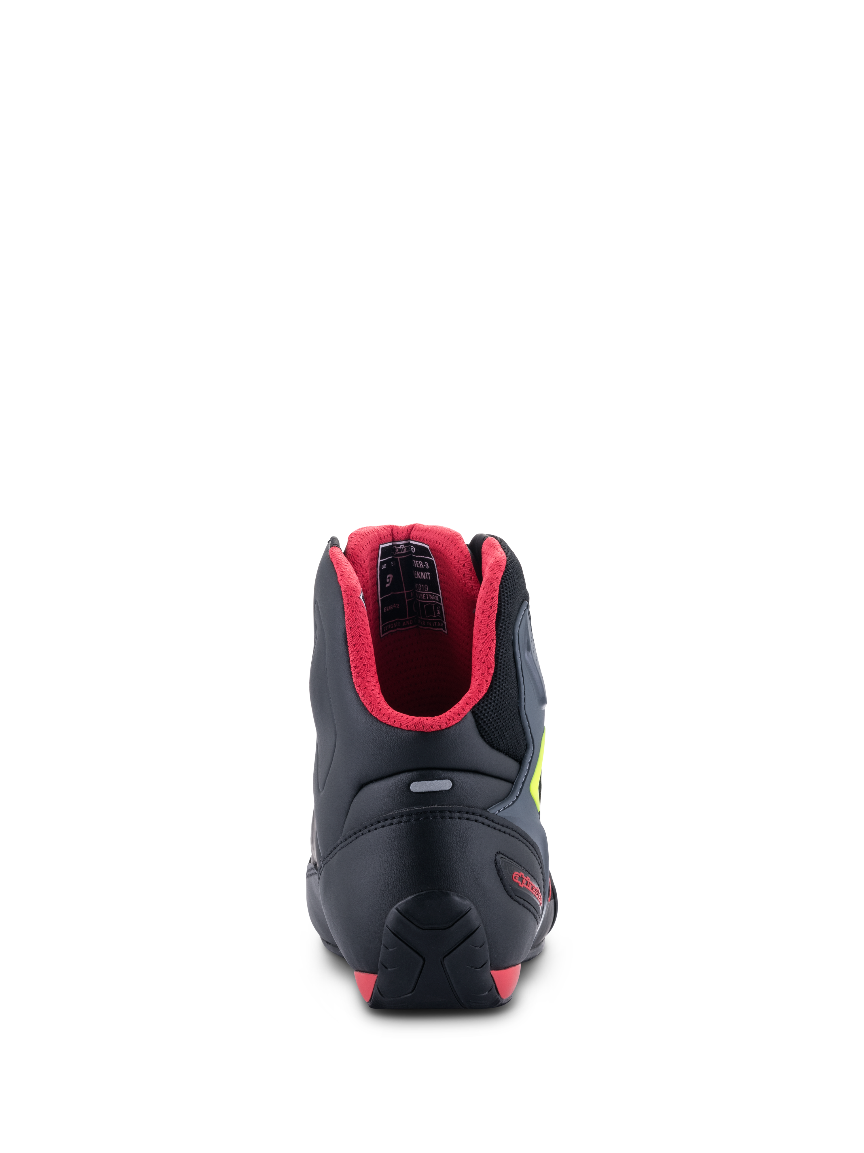 Buty Alpinestars Faster-3 Rideknit®, widok z tyłu, czarne z czerwoną wyściółką i żółtymi akcentami fluo, wyposażone w ochraniacz pięty TPR i pasek odblaskowy, sportowe buty motocyklowe