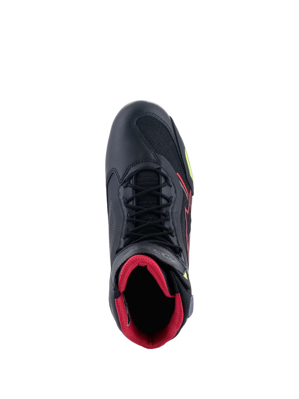 Alpinestars Faster-3 Rideknit® Shoes, widok z góry na czarny but motocyklowy, czerwona wewnętrzna wyściółka, czarne sznurowadła, przewiewne panele z dzianiny, czerwone i żółte akcenty fluo, lekkie sportowe obuwie motocyklowe