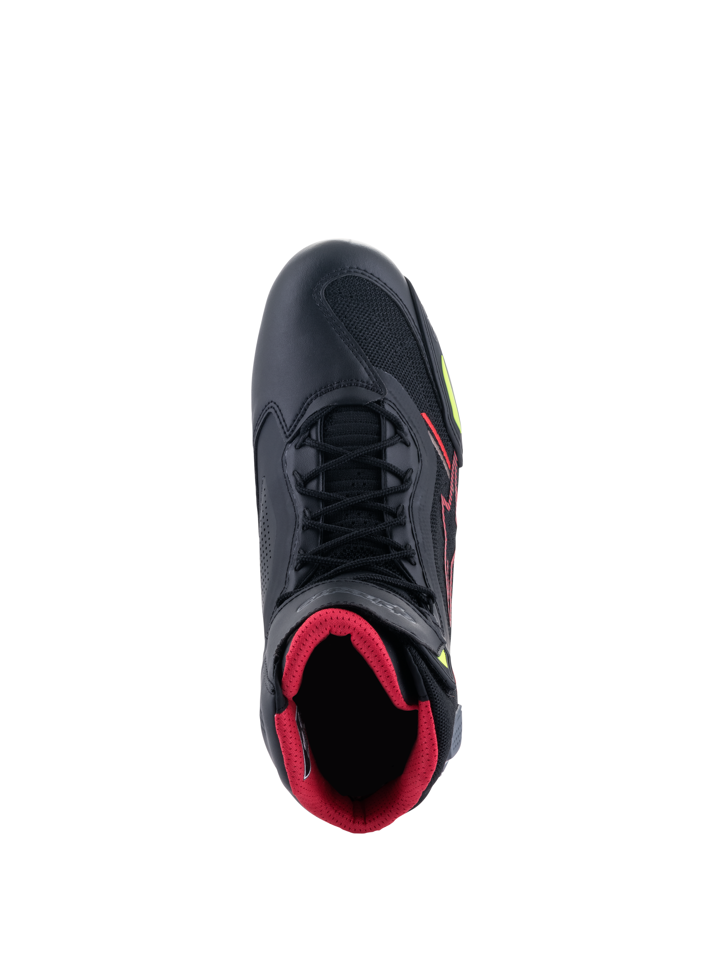 Alpinestars Faster-3 Rideknit® Shoes, widok z góry na czarny but motocyklowy, czerwona wewnętrzna wyściółka, czarne sznurowadła, przewiewne panele z dzianiny, czerwone i żółte akcenty fluo, lekkie sportowe obuwie motocyklowe