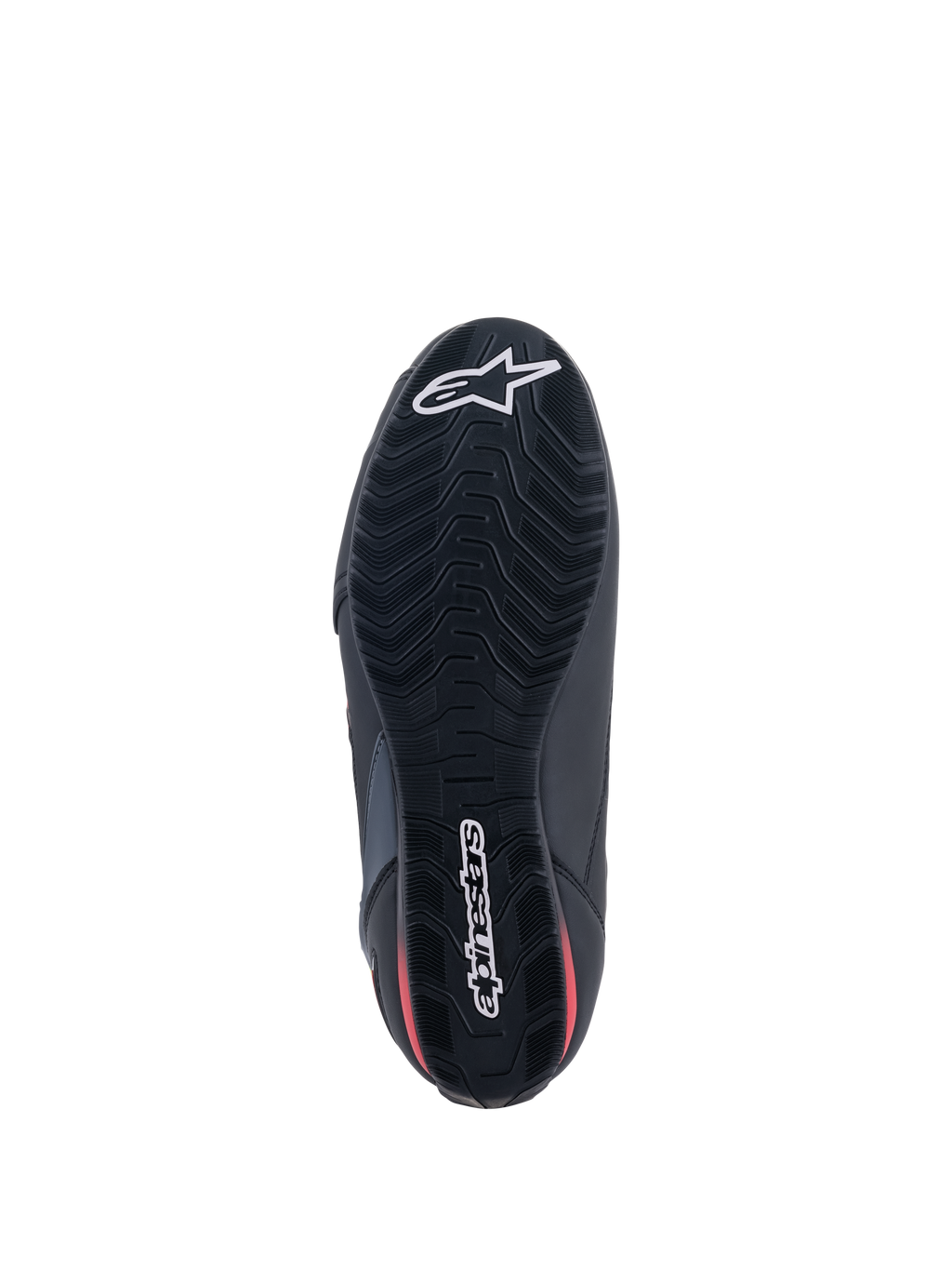 Buty Alpinestars Faster-3 Rideknit®, widok od spodu, czarna podeszwa z czerwonymi akcentami, teksturowany wzór bieżnika zapewniający przyczepność, białe logo gwiazdy Alpinestars na palcach i logotyp na pięcie, lekkie obuwie motocyklowe