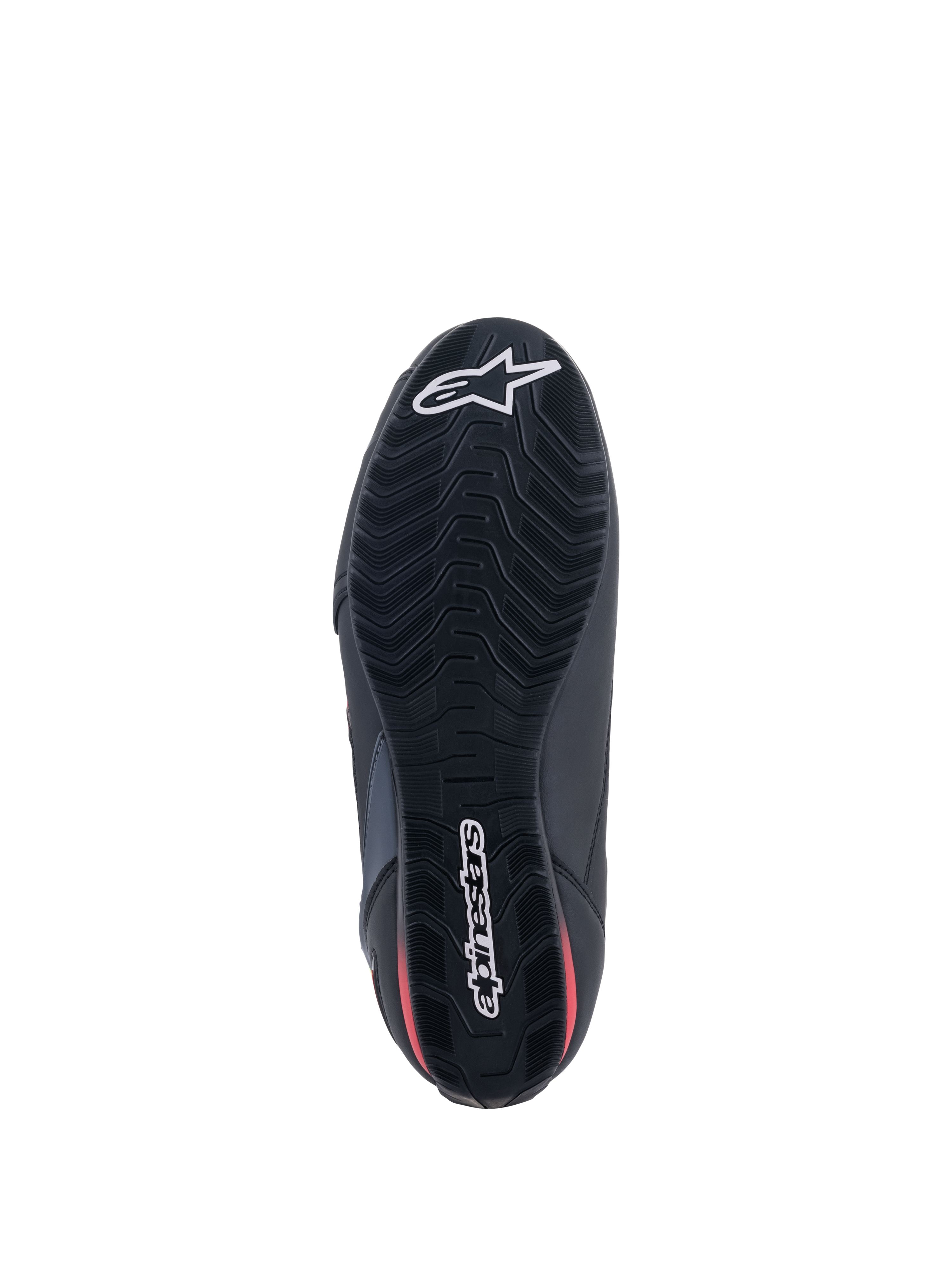 Buty Alpinestars Faster-3 Rideknit®, widok od spodu, czarna podeszwa z czerwonymi akcentami, teksturowany wzór bieżnika zapewniający przyczepność, białe logo gwiazdy Alpinestars na palcach i logotyp na pięcie, lekkie obuwie motocyklowe