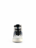 Buty motocyklowe Alpinestars Circal, szaro-czarne i niebieskie Methyl Blue, widok z przodu miejskiego obuwia motocyklowego, wysoki fason z panelami z płótna, czarne elastyczne sznurowadła i nakrapiana podeszwa w kolorze złamanej bieli