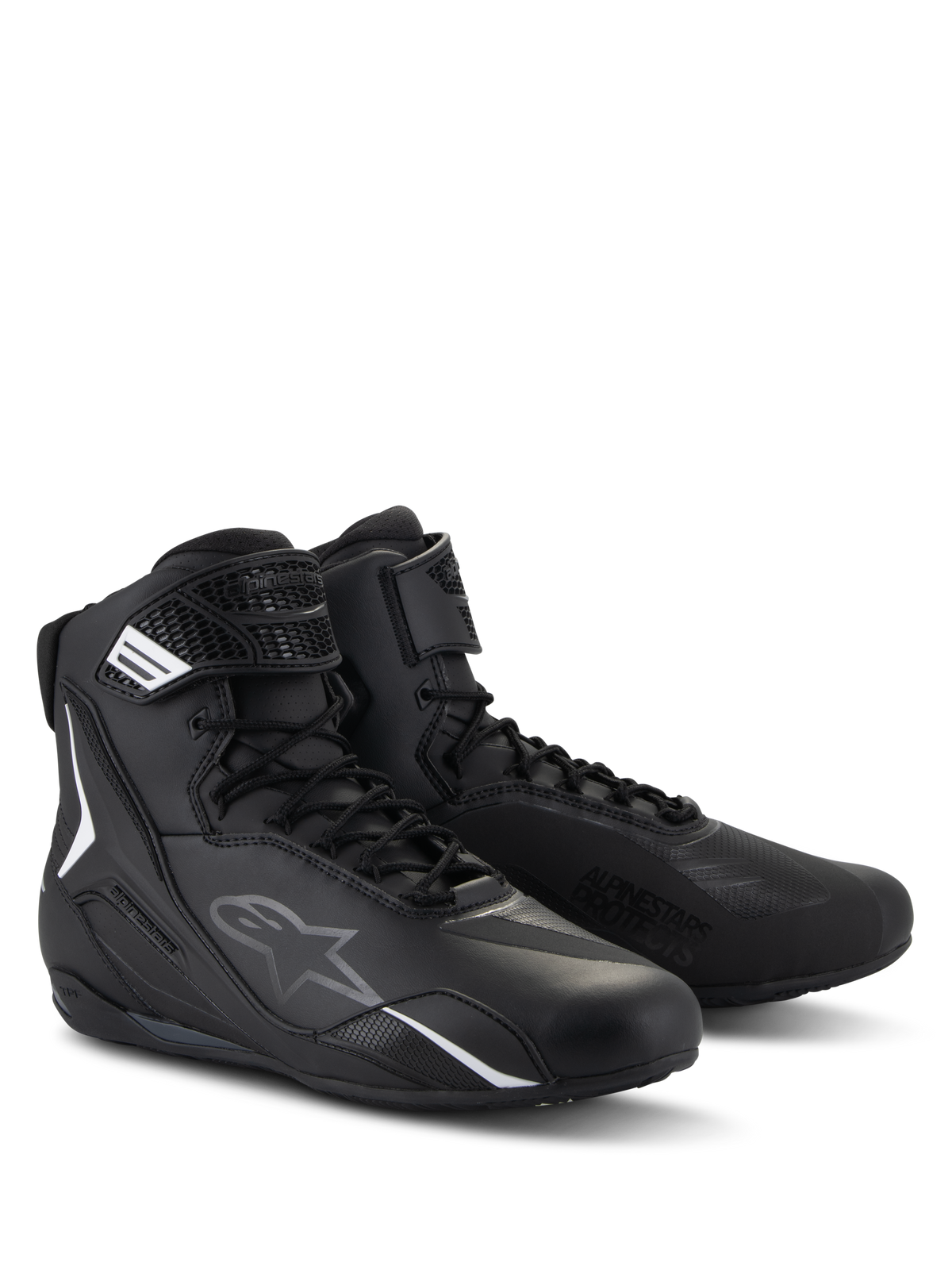 Buty Alpinestars Faster-4, buty motocyklowe, czarne, wysoka konstrukcja ze sznurowadłami i paskiem na rzep, białe i szare logo, smukła konstrukcja z mikrofibry do jazdy szosowej