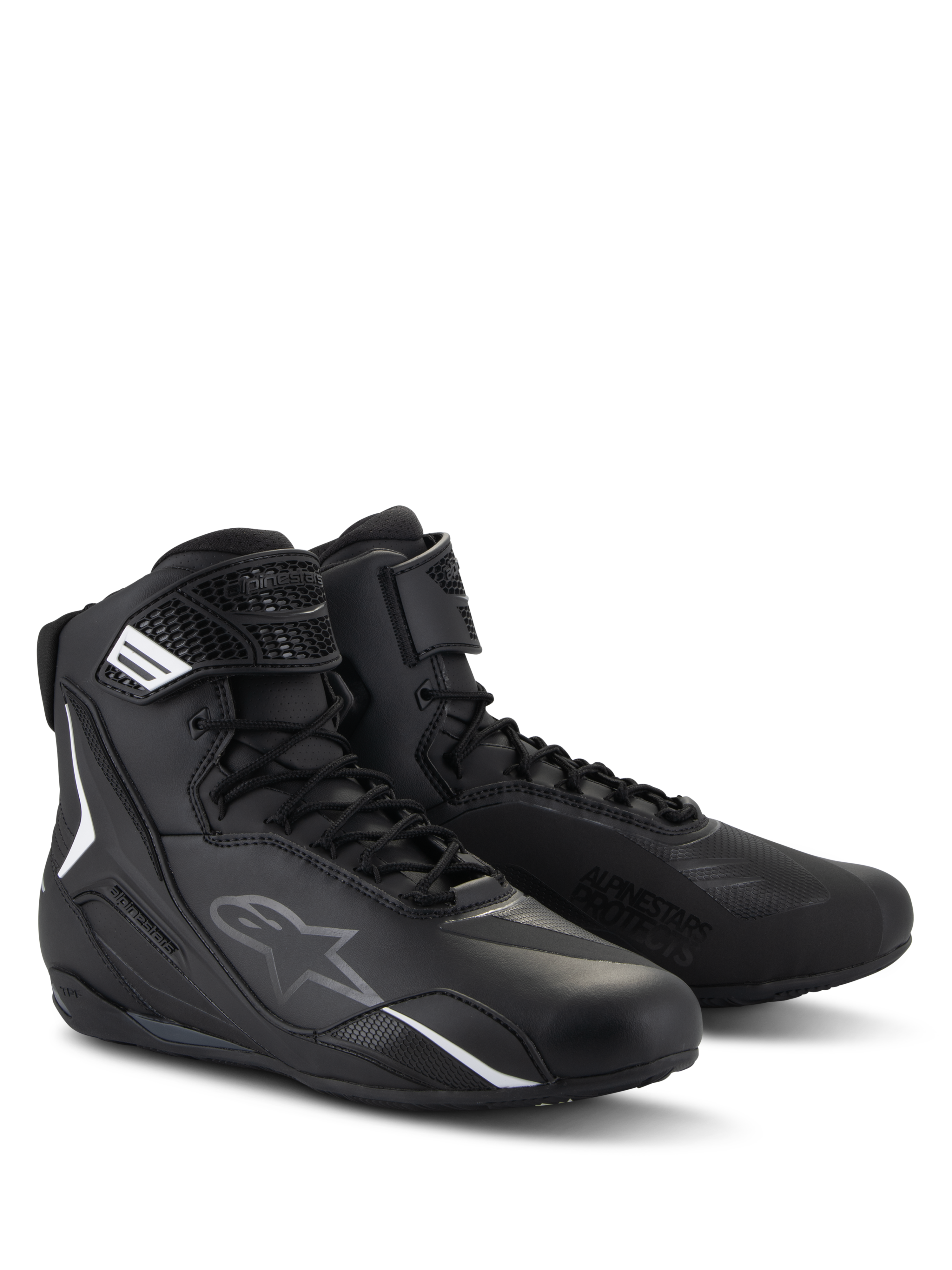 Buty Alpinestars Faster-4, buty motocyklowe, czarne, wysoka konstrukcja ze sznurowadłami i paskiem na rzep, białe i szare logo, smukła konstrukcja z mikrofibry do jazdy szosowej