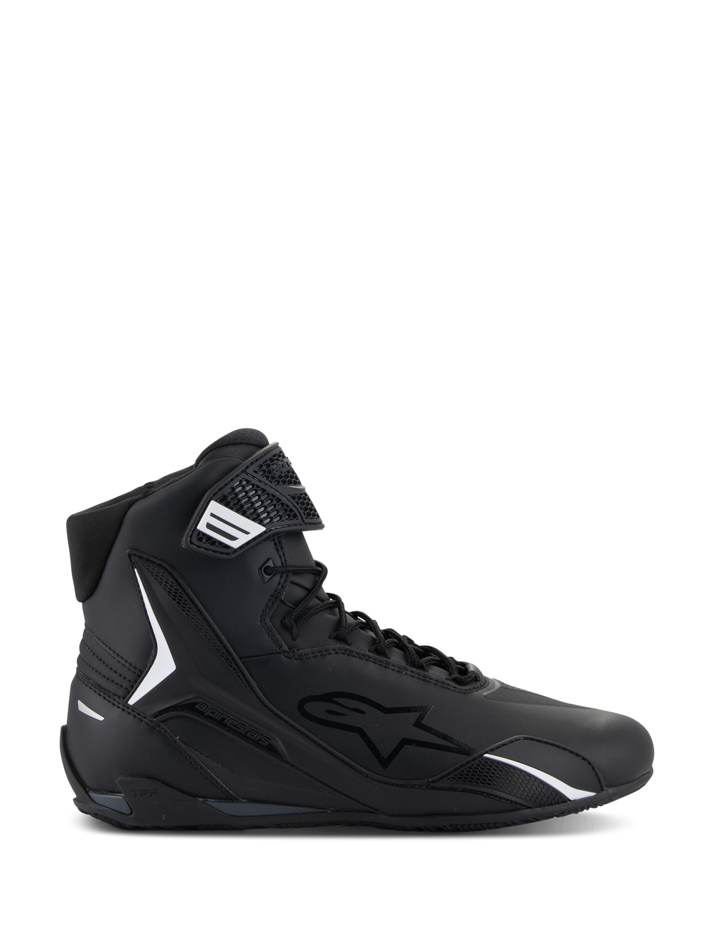 Buty Alpinestars Faster-4, czarne wysokie buty motocyklowe, profil boczny, czarne z białymi akcentami, sznurowane z paskiem na rzep, sportowy design z wyściełanym kołnierzem i ochroną TPU