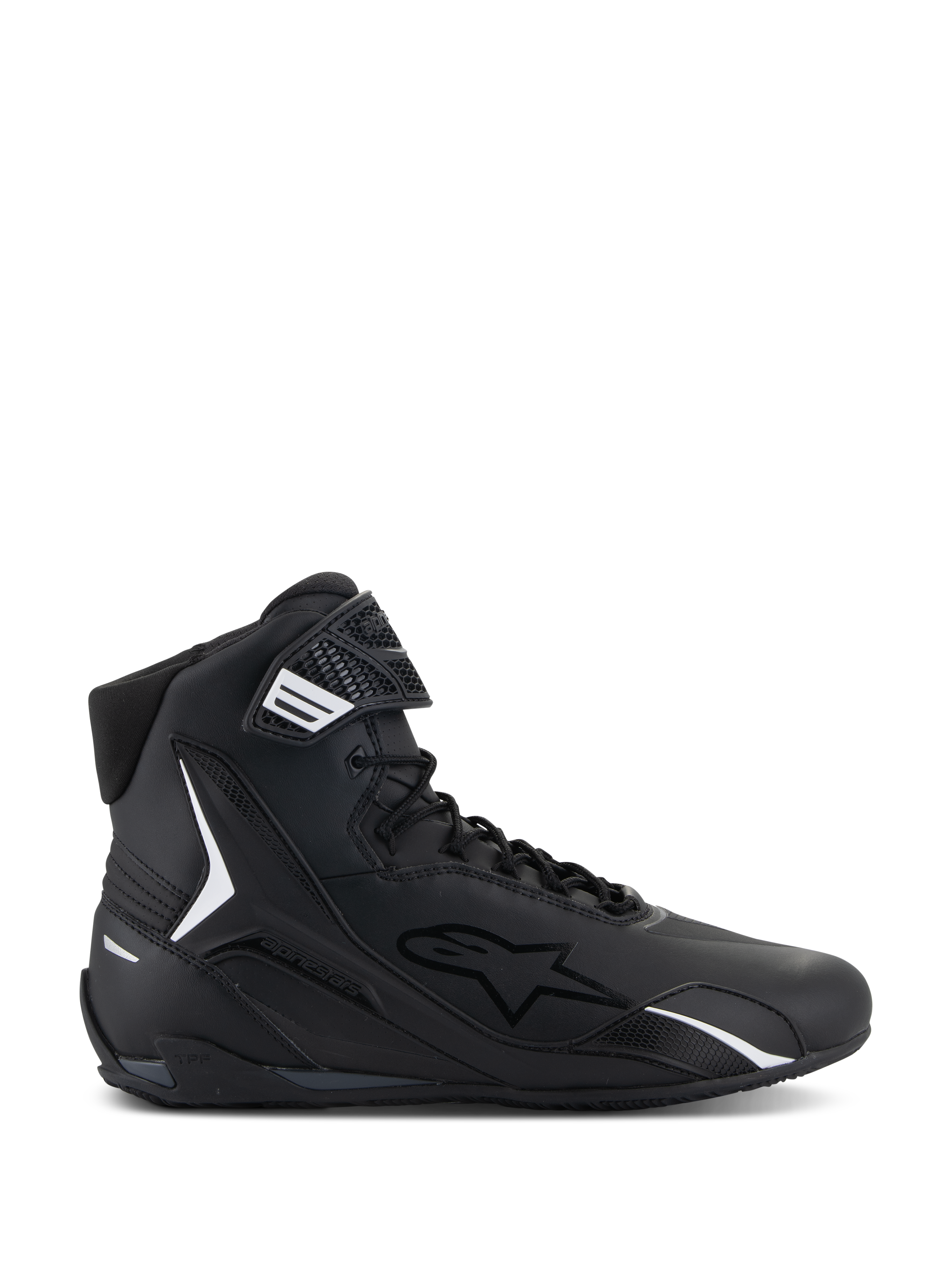Buty Alpinestars Faster-4, czarne wysokie buty motocyklowe, profil boczny, czarne z białymi akcentami, sznurowane z paskiem na rzep, sportowy design z wyściełanym kołnierzem i ochroną TPU