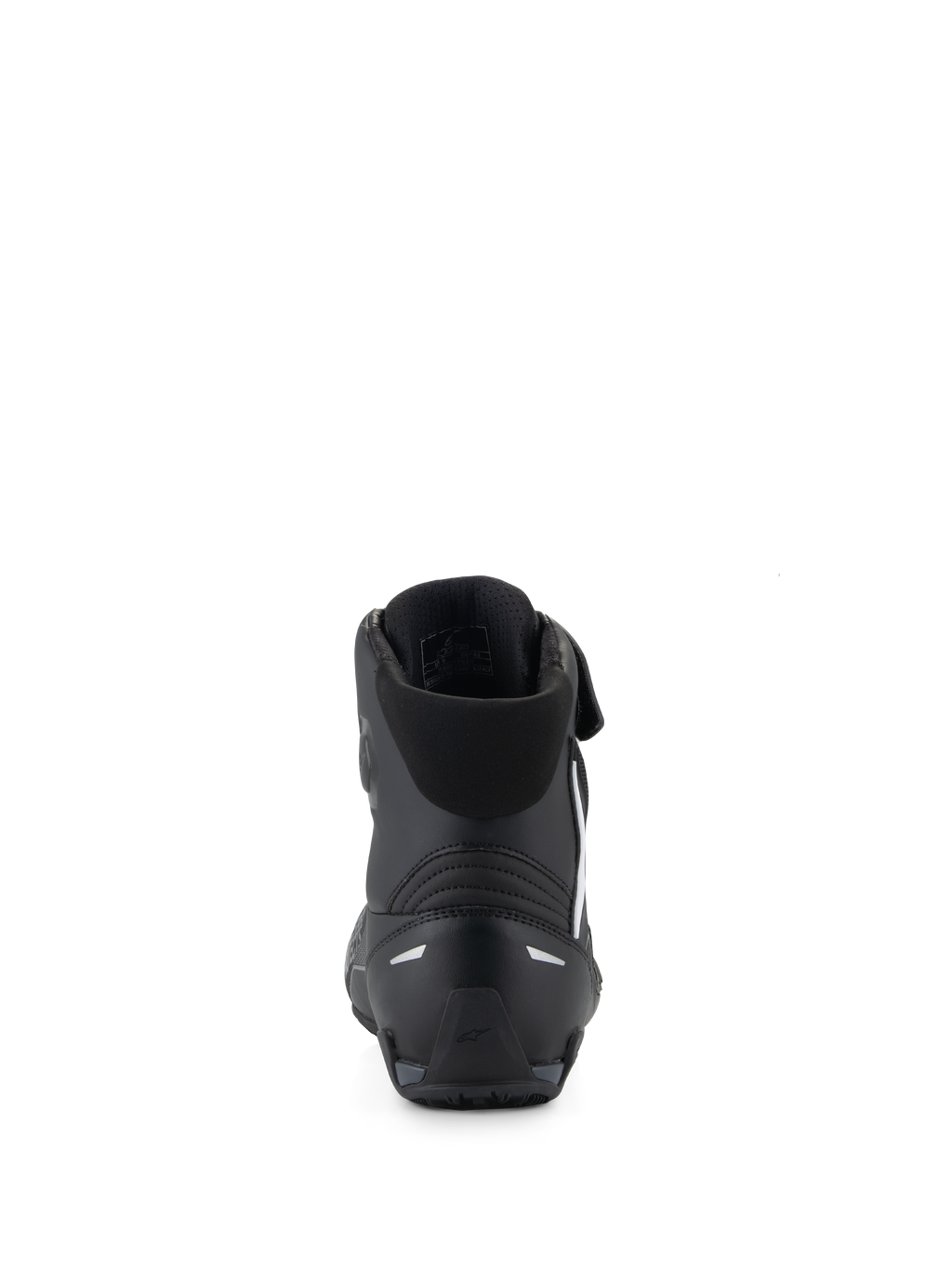 Buty Alpinestars Faster-4, czarne buty motocyklowe, widok z tyłu ukazujący ochraniacz pięty TPR oraz elementy odblaskowe, wyściełany tekstylny kołnierz, konstrukcja zorientowana na osiągi do sportowej jazdy szosowej.