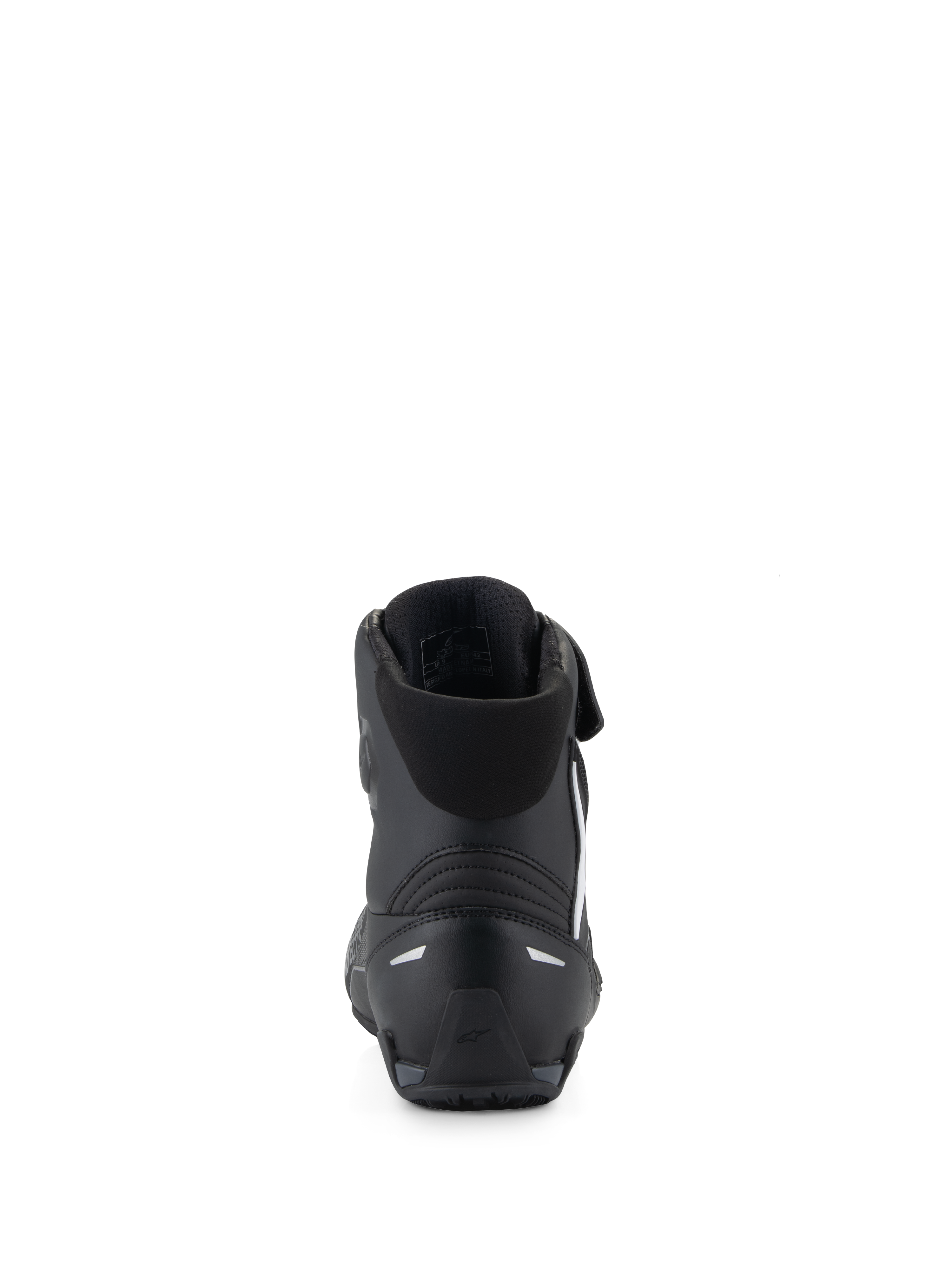 Buty Alpinestars Faster-4, czarne buty motocyklowe, widok z tyłu ukazujący ochraniacz pięty TPR oraz elementy odblaskowe, wyściełany tekstylny kołnierz, konstrukcja zorientowana na osiągi do sportowej jazdy szosowej.