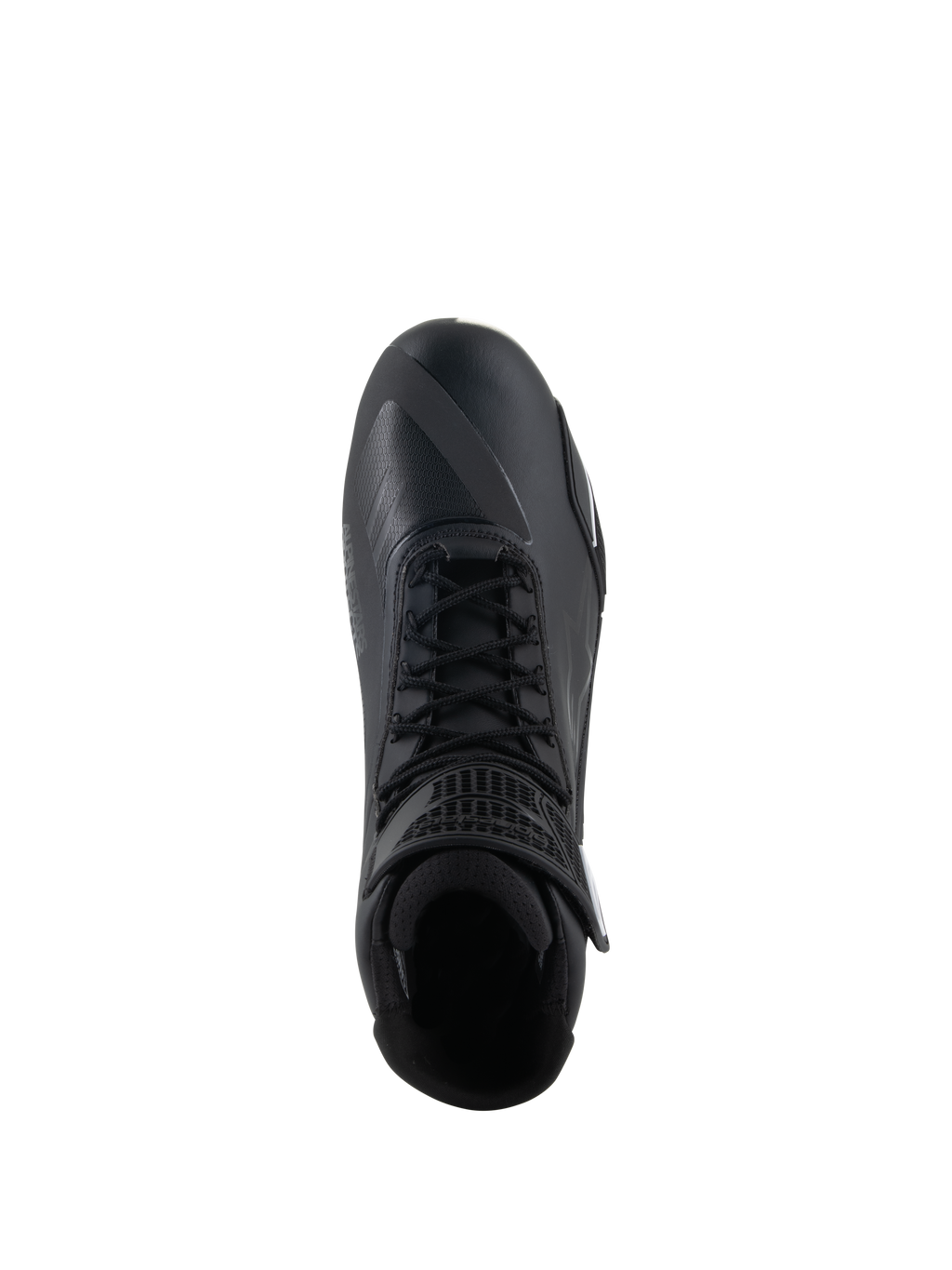 Buty Alpinestars Faster-4, czarne buty motocyklowe, widok z góry, tradycyjne sznurowanie, bezszwowa cholewka z mikrofibry i wyściełany kołnierz wokół kostki