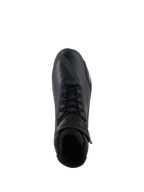 Buty Alpinestars Faster-4, czarne buty motocyklowe, widok z góry, tradycyjne sznurowanie, bezszwowa cholewka z mikrofibry i wyściełany kołnierz wokół kostki