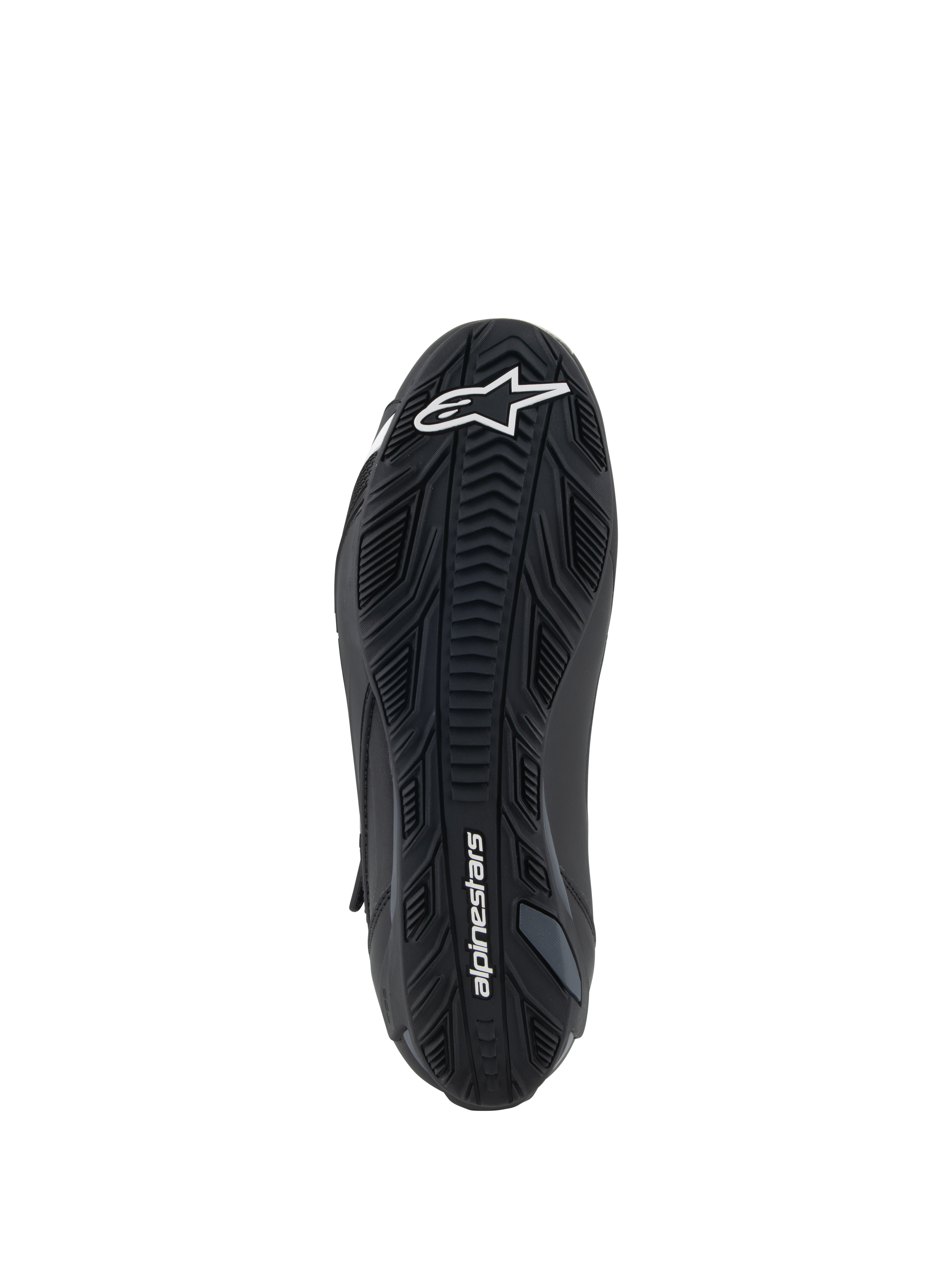 Buty Alpinestars Faster-4, czarne, widok od dołu na gumową podeszwę zewnętrzną z teksturowanym wzorem bieżnika, białe logo Alpinestars na przodzie i logotyp na pięcie, sportowe buty motocyklowe