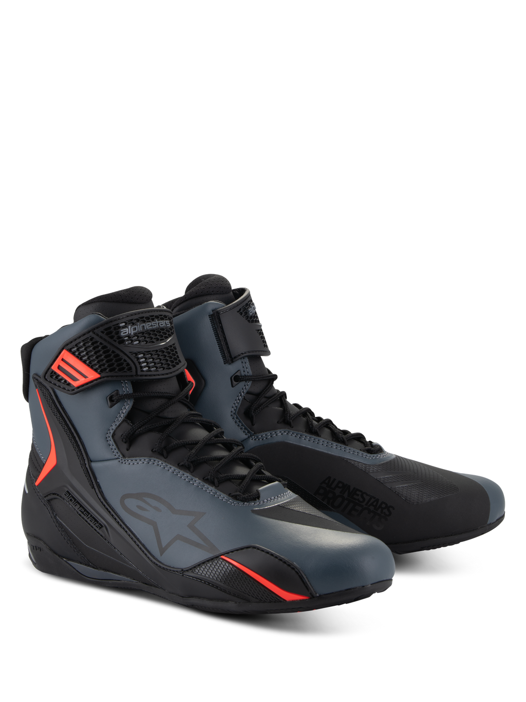 Alpinestars Faster-4 Shoes, motorcycle riding shoes, Black Gray and Red Fluo, seamless microfiber upper with protective TPU panels, lace closure with hook and loop strap, sporty aerodynamic profile for road riding