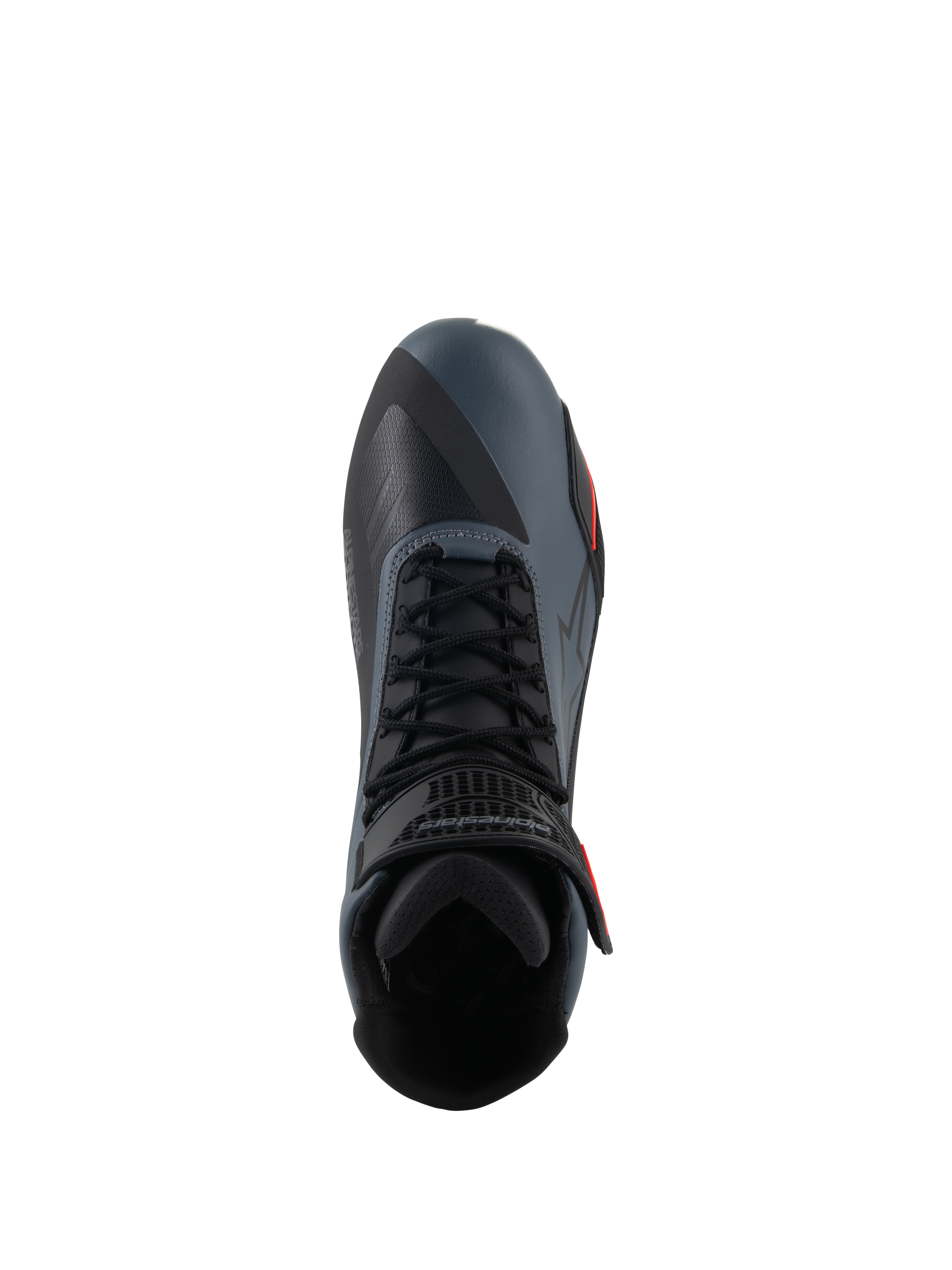 Alpinestars Faster-4 Shoes, Motorcycle Riding Shoes, Black Gray and Red Fluo, top-down view highlighting the lace-up closure and ankle strap, technical microfiber upper with seamless panels, sporty design for performance road riding.