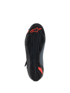 Alpinestars Faster-4 Shoes, Motorcycle Riding Shoes, Black and Red Fluo, bottom view showing textured rubber sole with red Astars logo and embossed branding, designed for grip and durability.