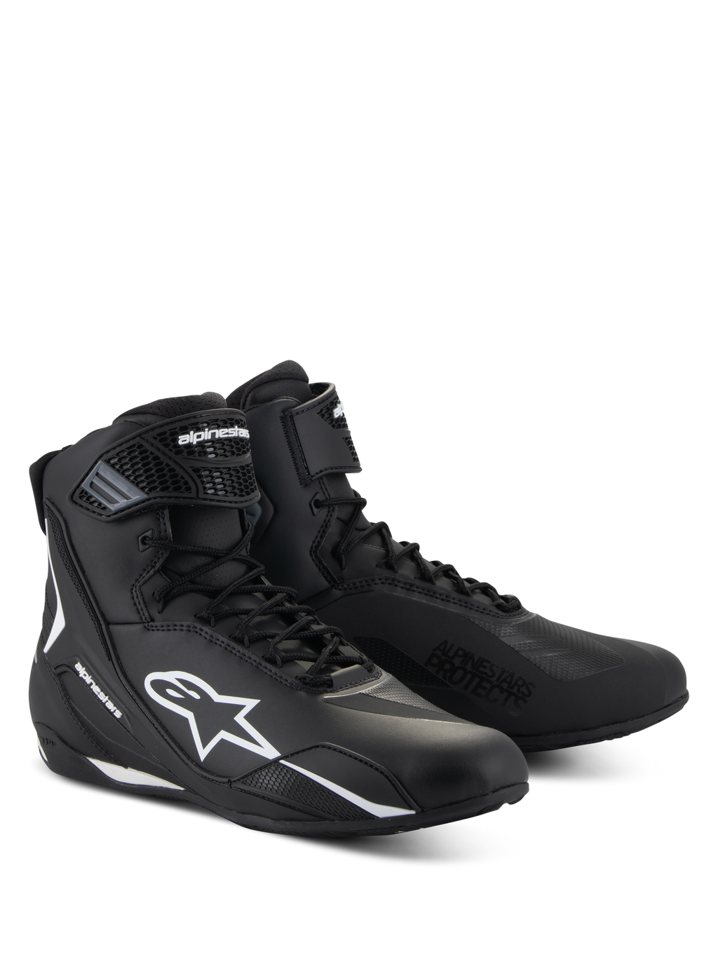 Alpinestars Faster-4 Shoes, black motorcycle riding shoes with white accents, mid-cut design featuring white Astars logo, 'Alpinestars Protects' text on the toe, and a combination lace and hook-and-loop closure.