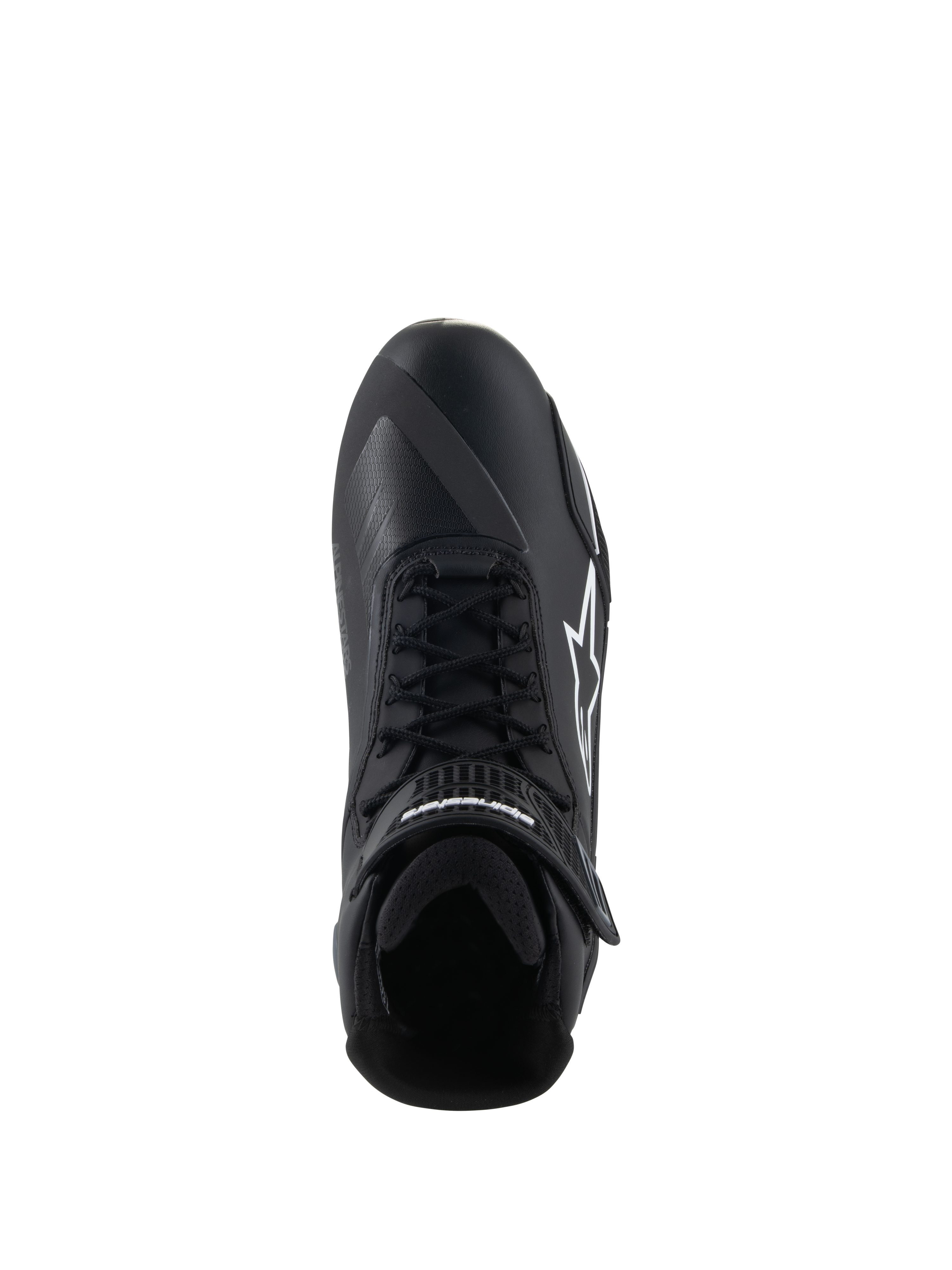 Alpinestars Faster-4 Shoes, Motorcycle Riding Shoes, Black and White, top-down view showing lace-up closure, hook-and-loop ankle strap, and white Alpinestars logo on the side