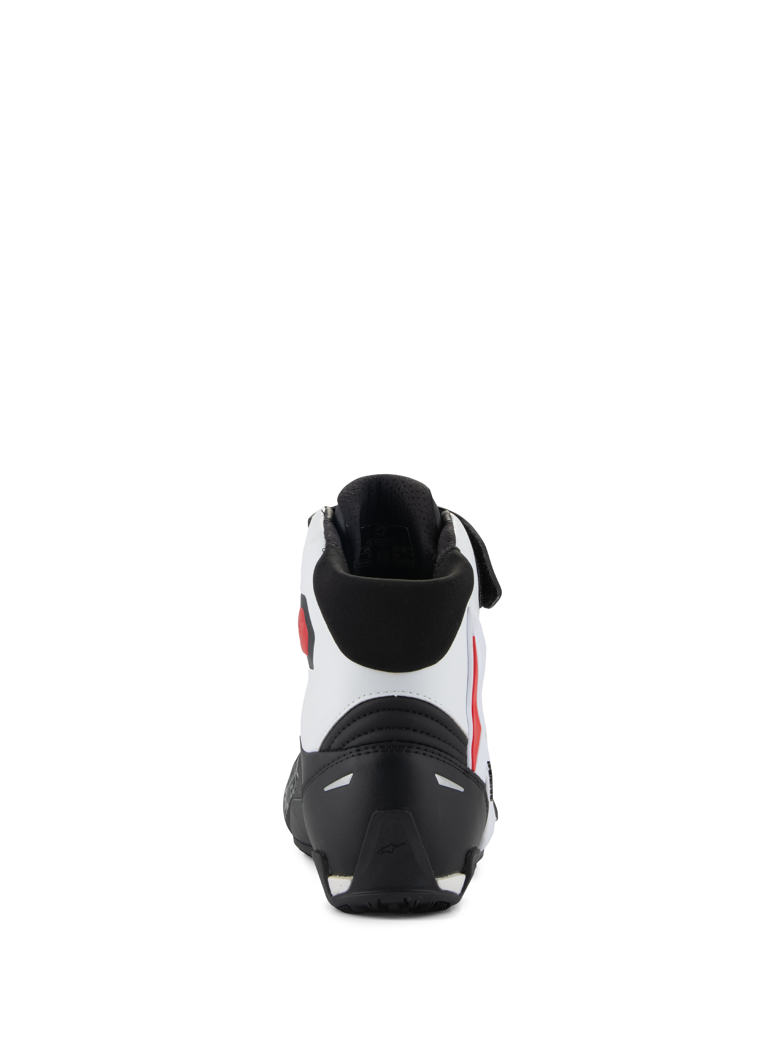 Alpinestars Faster-4 Shoes, rear view, black white and red, featuring a black TPR heel counter, white microfiber upper with red accents, and black padded collar, performance motorcycle riding footwear