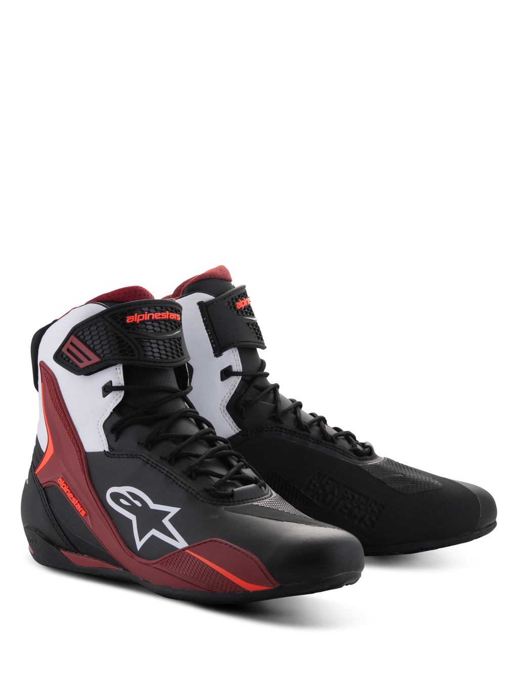 Buty Alpinestars Faster-4, buty motocyklowe, czarno-białe i ciemnoczerwone, ze sznurowanym zapięciem i paskiem na kostkę, białe logo Alpinestars z boku, sportowy design ze wzmocnioną ochroną do jazdy szosowej