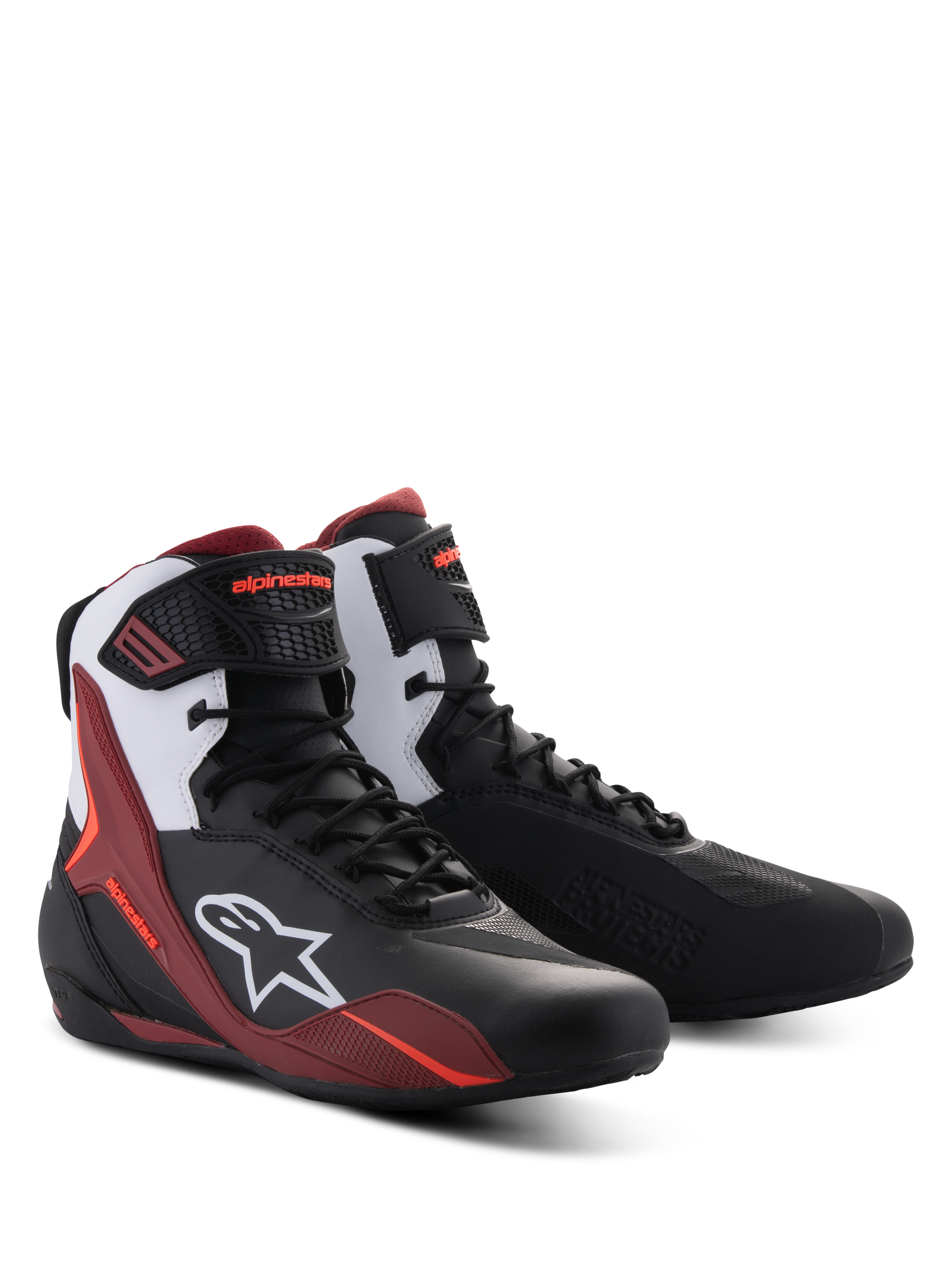 Buty Alpinestars Faster-4, buty motocyklowe, czarno-białe i ciemnoczerwone, ze sznurowanym zapięciem i paskiem na kostkę, białe logo Alpinestars z boku, sportowy design ze wzmocnioną ochroną do jazdy szosowej