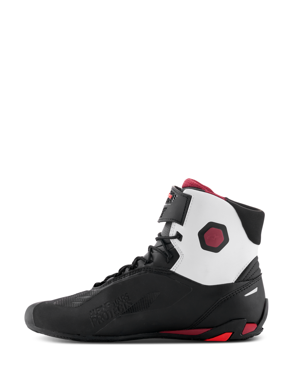 Alpinestars Faster-4 Shoes, buty motocyklowe, czarne z białymi i ciemnoczerwonymi akcentami, widok z boku od strony wewnętrznej, białe panele kołnierza, czarna konstrukcja z mikrofibry, ciemnoczerwone detale na pięcie i kostce