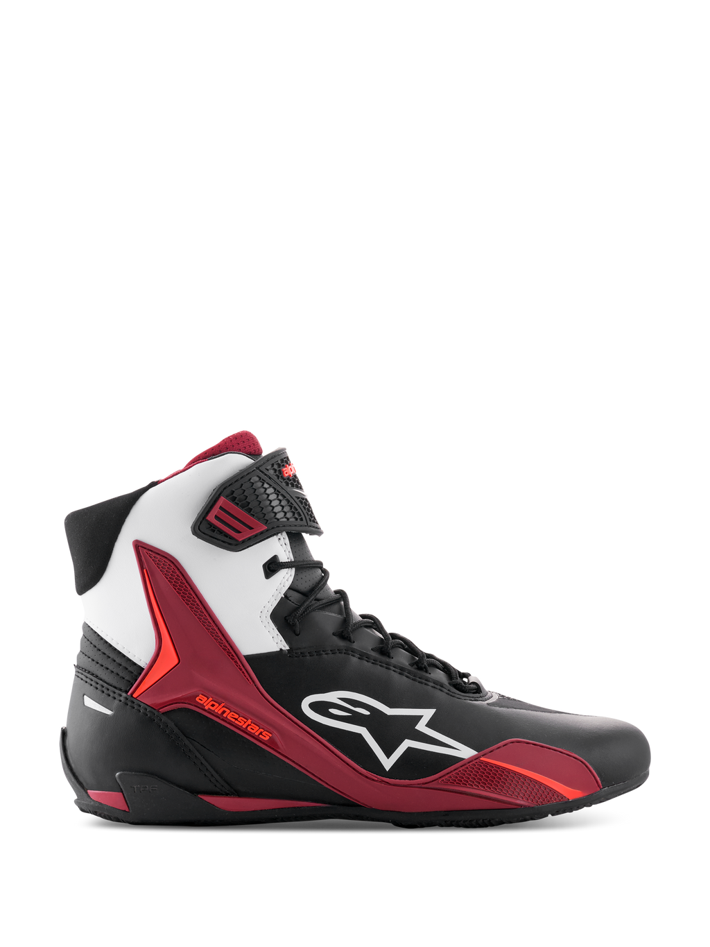 Buty Alpinestars Faster-4, wysokie buty motocyklowe, czarne z białymi i ciemnoczerwonymi elementami, widok z profilu z białym logo Alpinestars i czerwonymi panelami wspierającymi TPU, sznurowany fason w sportowym stylu wyścigowym, wytrzymała konstrukcja z mikrofibry.