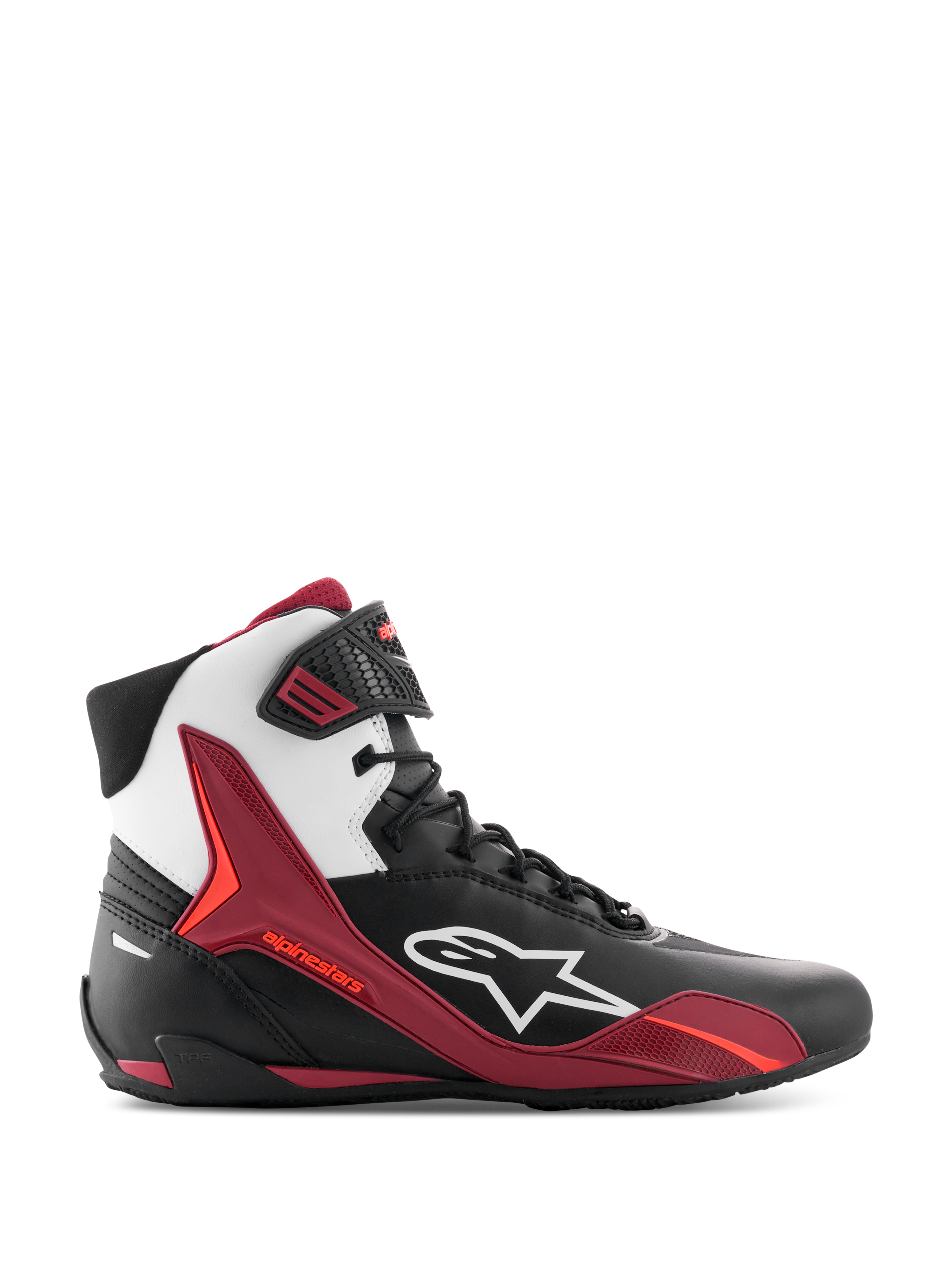 Buty Alpinestars Faster-4, wysokie buty motocyklowe, czarne z białymi i ciemnoczerwonymi elementami, widok z profilu z białym logo Alpinestars i czerwonymi panelami wspierającymi TPU, sznurowany fason w sportowym stylu wyścigowym, wytrzymała konstrukcja z mikrofibry.
