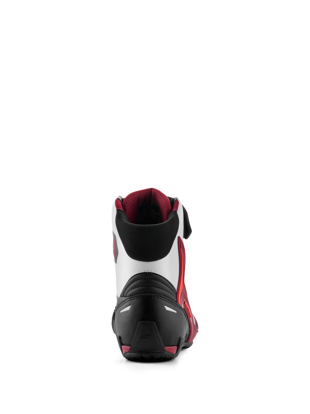 Buty Alpinestars Faster-4, motocyklowe buty do jazdy, czarne, białe i ciemnoczerwone, widok z tyłu przedstawiający wzmocniony zapiętek, wsparcie kostki z TPU i miękki tekstylny kołnierzyk, obuwie wyczynowe do jazdy szosowej