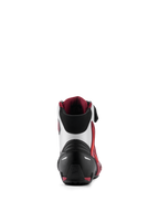 Buty Alpinestars Faster-4, motocyklowe buty do jazdy, czarne, białe i ciemnoczerwone, widok z tyłu przedstawiający wzmocniony zapiętek, wsparcie kostki z TPU i miękki tekstylny kołnierzyk, obuwie wyczynowe do jazdy szosowej