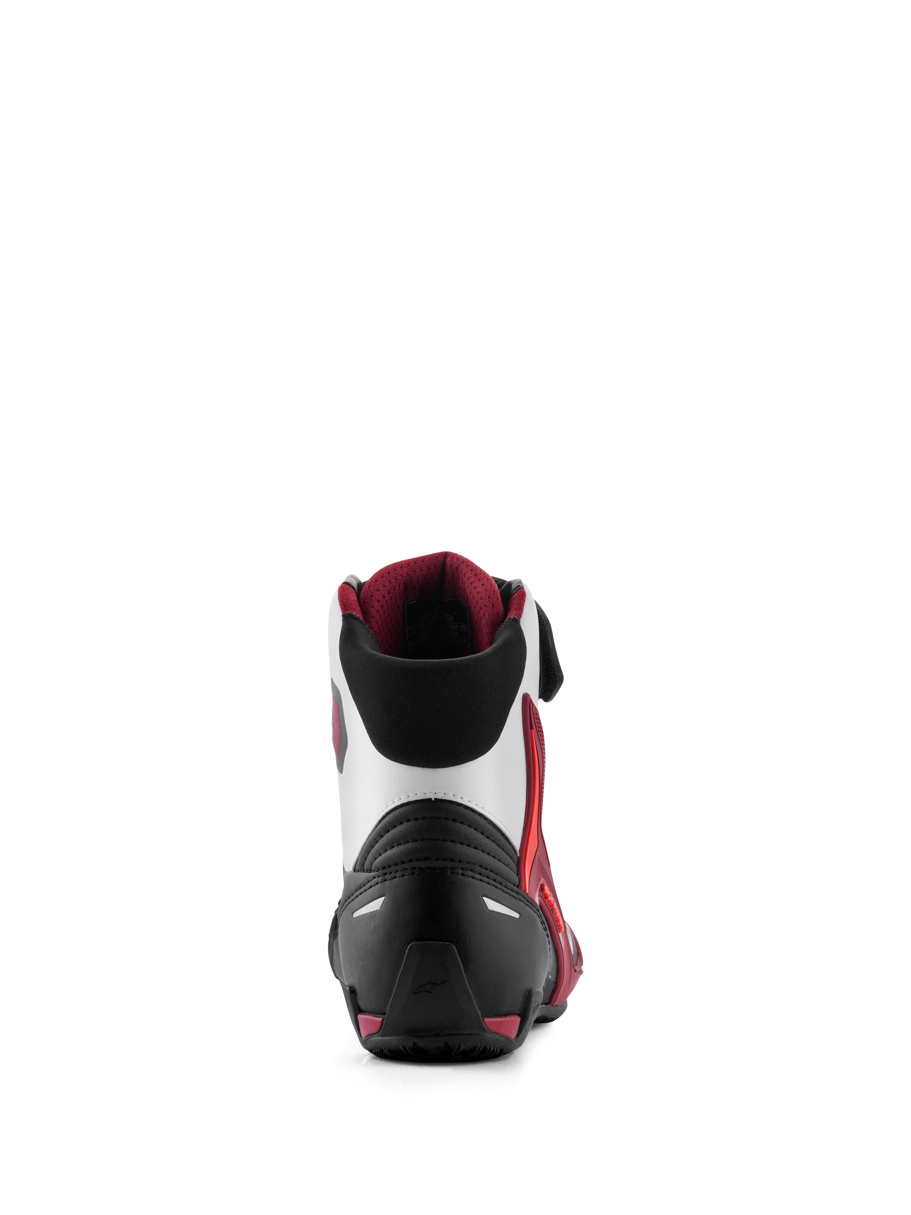 Buty Alpinestars Faster-4, motocyklowe buty do jazdy, czarne, białe i ciemnoczerwone, widok z tyłu przedstawiający wzmocniony zapiętek, wsparcie kostki z TPU i miękki tekstylny kołnierzyk, obuwie wyczynowe do jazdy szosowej