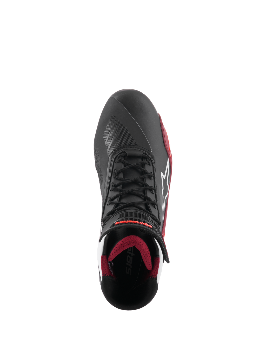 Alpinestars Faster-4 Shoes, buty motocyklowe, czarno-biało-ciemnoczerwone, widok z góry z tradycyjnym sznurowaniem, białym logo gwiazdy Alpinestars i ciemnoczerwoną wyściółką.