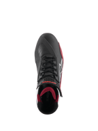 Alpinestars Faster-4 Shoes, buty motocyklowe, czarno-biało-ciemnoczerwone, widok z góry z tradycyjnym sznurowaniem, białym logo gwiazdy Alpinestars i ciemnoczerwoną wyściółką.