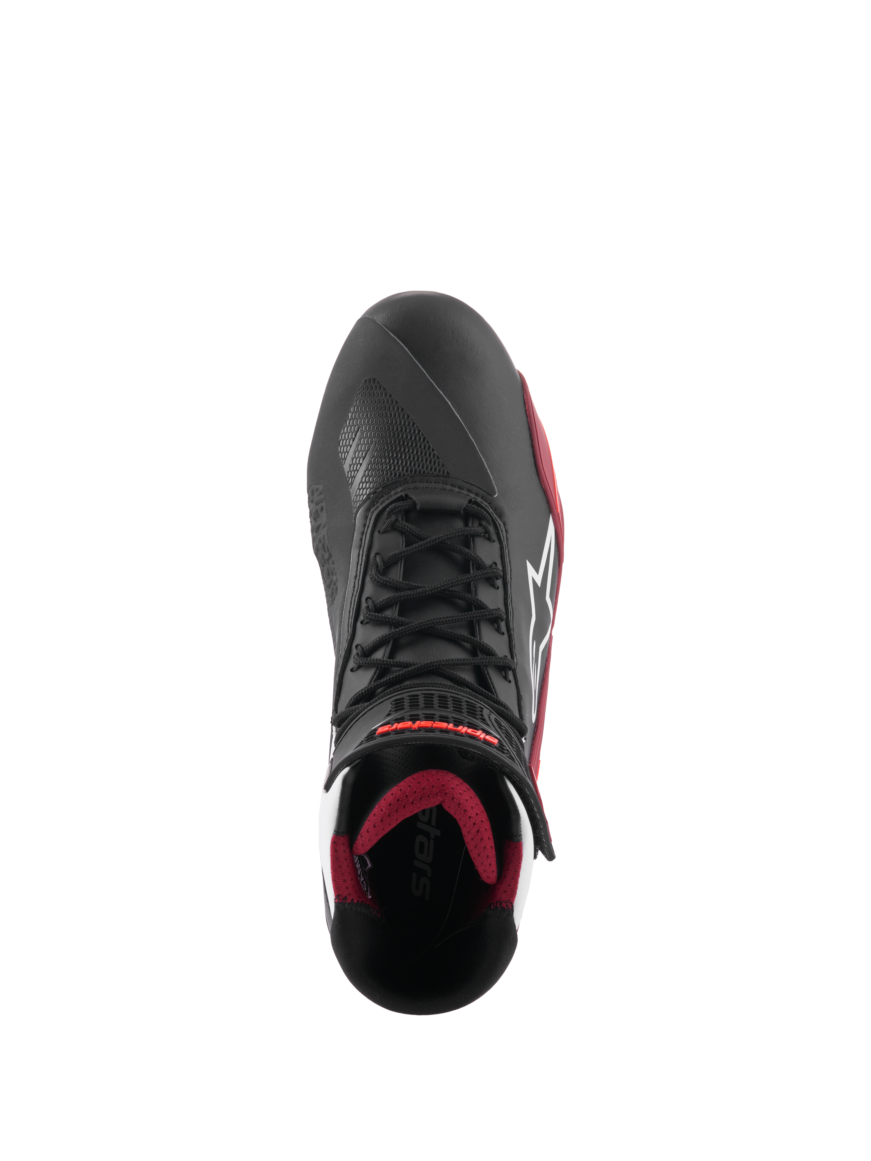Alpinestars Faster-4 Shoes, buty motocyklowe, czarno-biało-ciemnoczerwone, widok z góry z tradycyjnym sznurowaniem, białym logo gwiazdy Alpinestars i ciemnoczerwoną wyściółką.