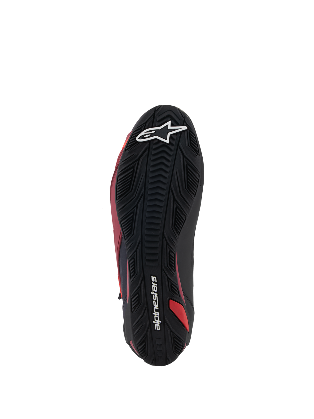 Buty Alpinestars Faster-4, buty motocyklowe, czarno-białe i ciemnoczerwone, widok od dołu na teksturowaną gumową podeszwę, z białym logo gwiazdy i napisem Alpinestars, wytrzymały wzór bieżnika zapewniający przyczepność podczas jazdy szosowej