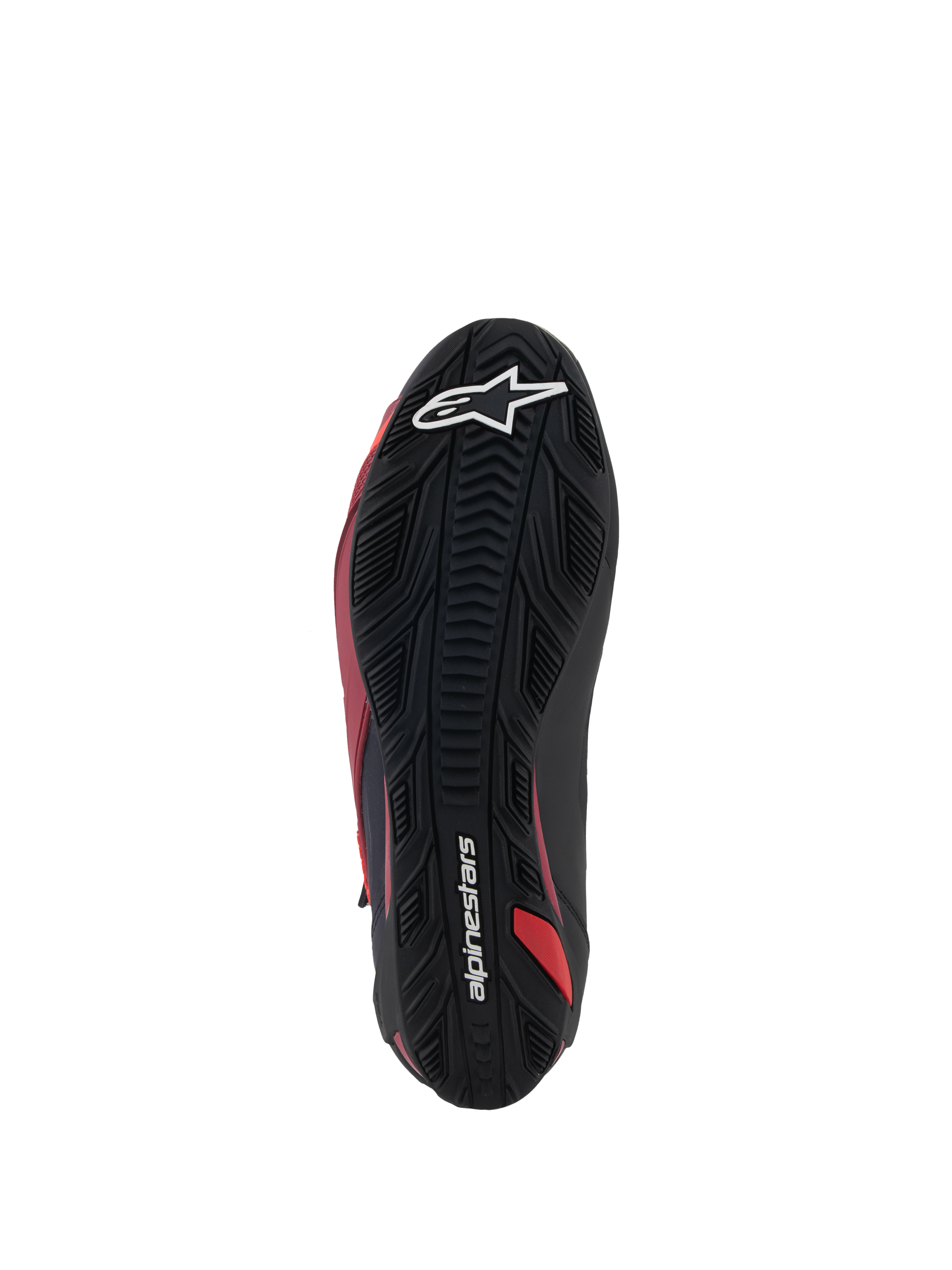 Buty Alpinestars Faster-4, buty motocyklowe, czarno-białe i ciemnoczerwone, widok od dołu na teksturowaną gumową podeszwę, z białym logo gwiazdy i napisem Alpinestars, wytrzymały wzór bieżnika zapewniający przyczepność podczas jazdy szosowej