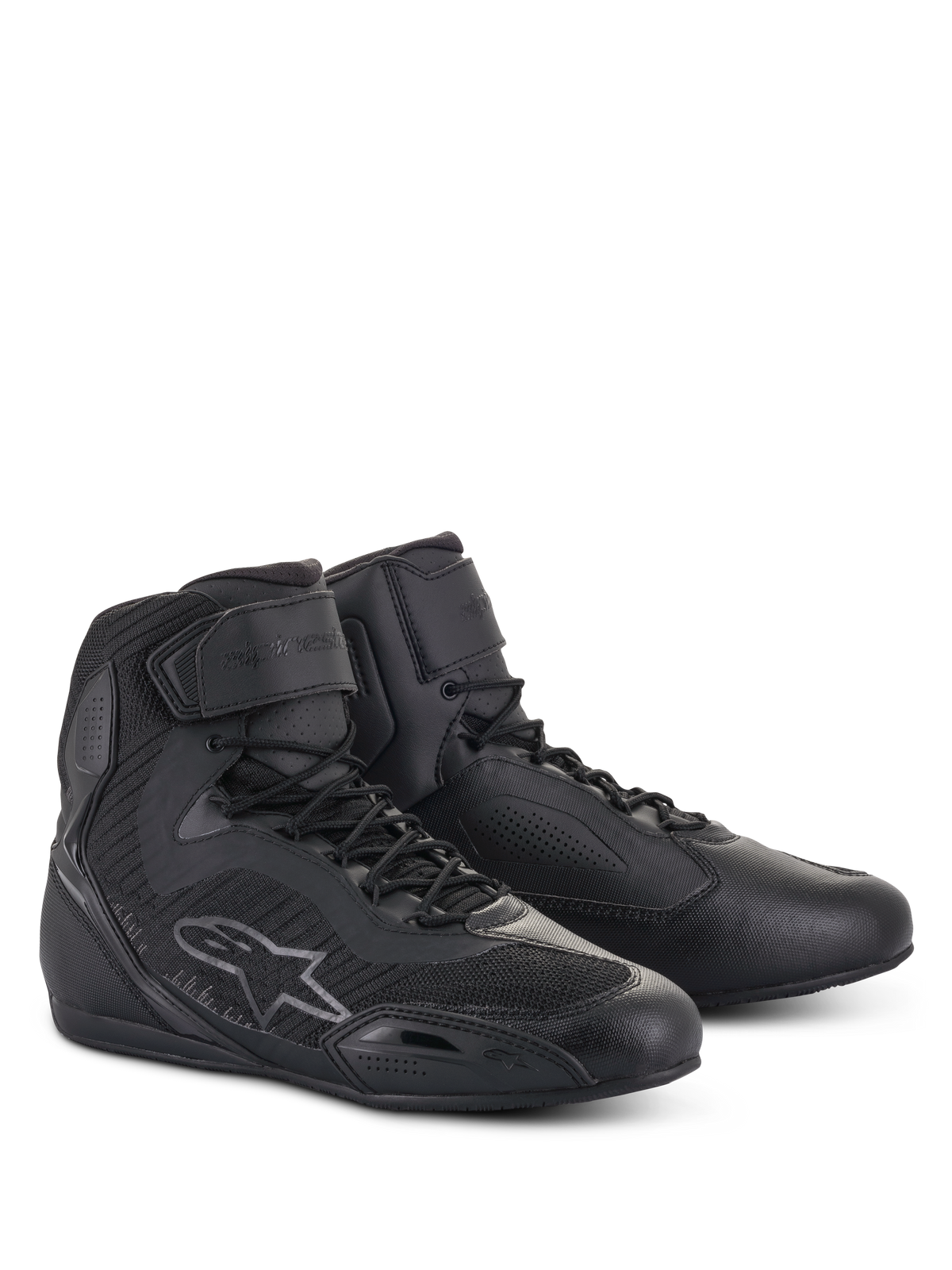 Alpinestars Women Stella Faster-3 Rideknit Shoes, high-top motorcycle riding shoes in Black Anthracite, features seamless knitted construction for breathability, lace-up closure with Velcro ankle strap, Alpinestars logo on the side, reinforced protective panels, and a sleek, sporty design