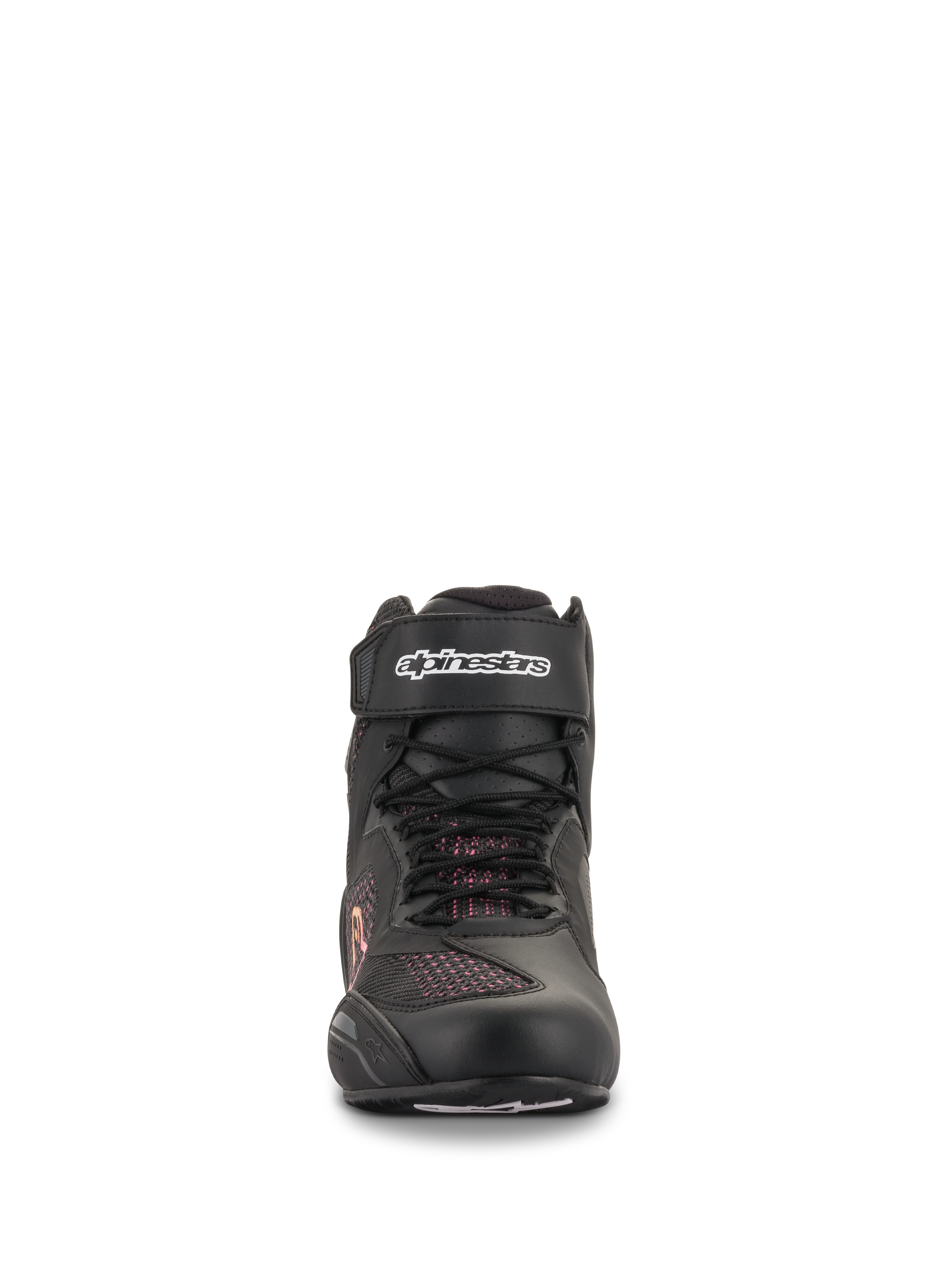 Alpinestars Women Stella Faster-3 Rideknit® Shoes, Black Yellow Pink, front view showing seamless knitted construction, laces and velcro ankle strap with white Alpinestars logo, lightweight motorcycle riding footwear