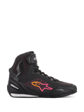 Alpinestars Women Stella Faster-3 Rideknit® Shoes, Motorcycle Riding Shoes, Black Yellow and Pink, side-view profile featuring a breathable knitted upper, vibrant gradient star logo, and hook-and-loop ankle strap.
