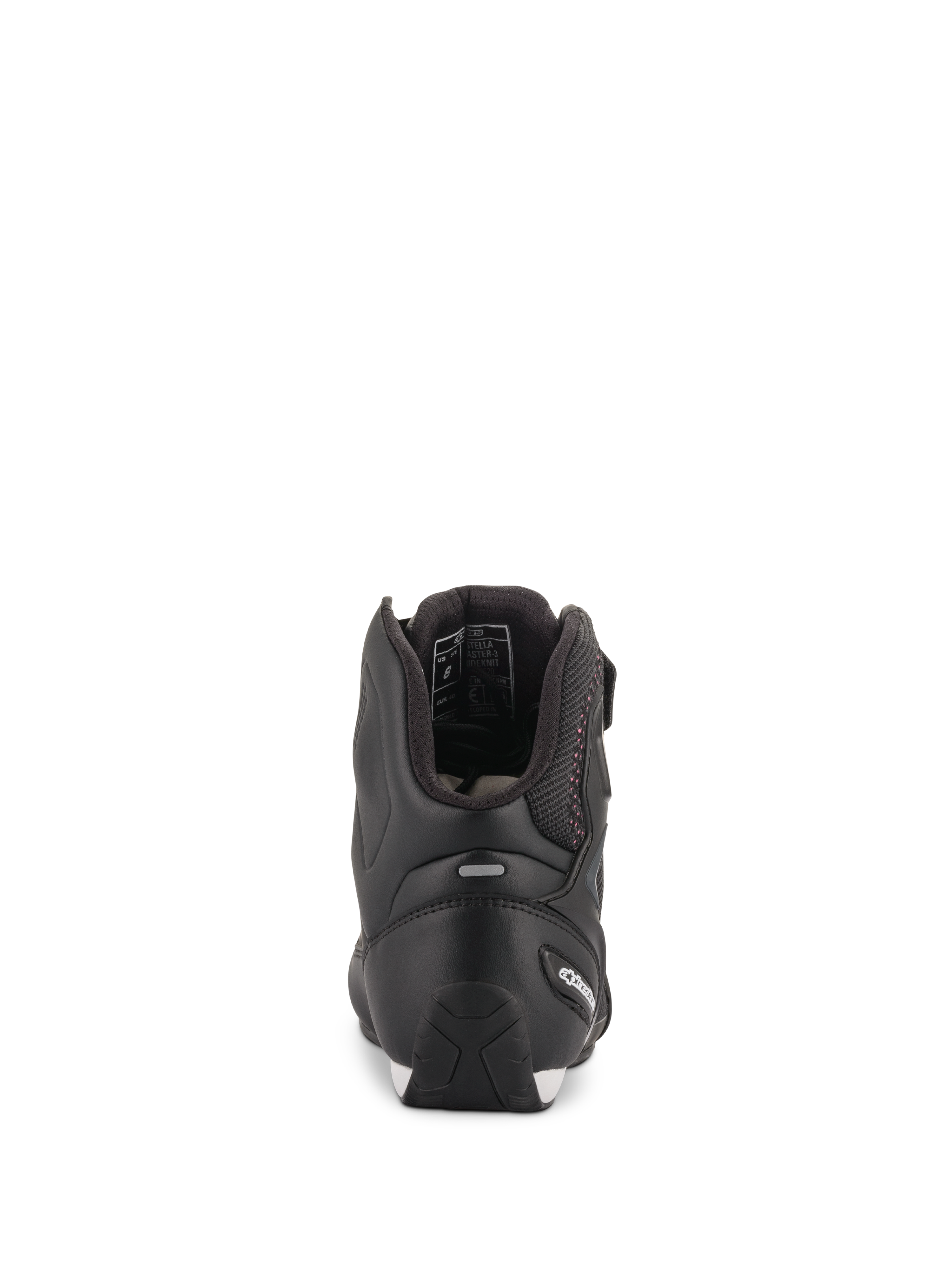 Alpinestars Women Stella Faster-3 Rideknit® Shoes, Black with Pink accents, Rear view showing heel protection and reflective strip, high-top motorcycle riding footwear with breathable knit material