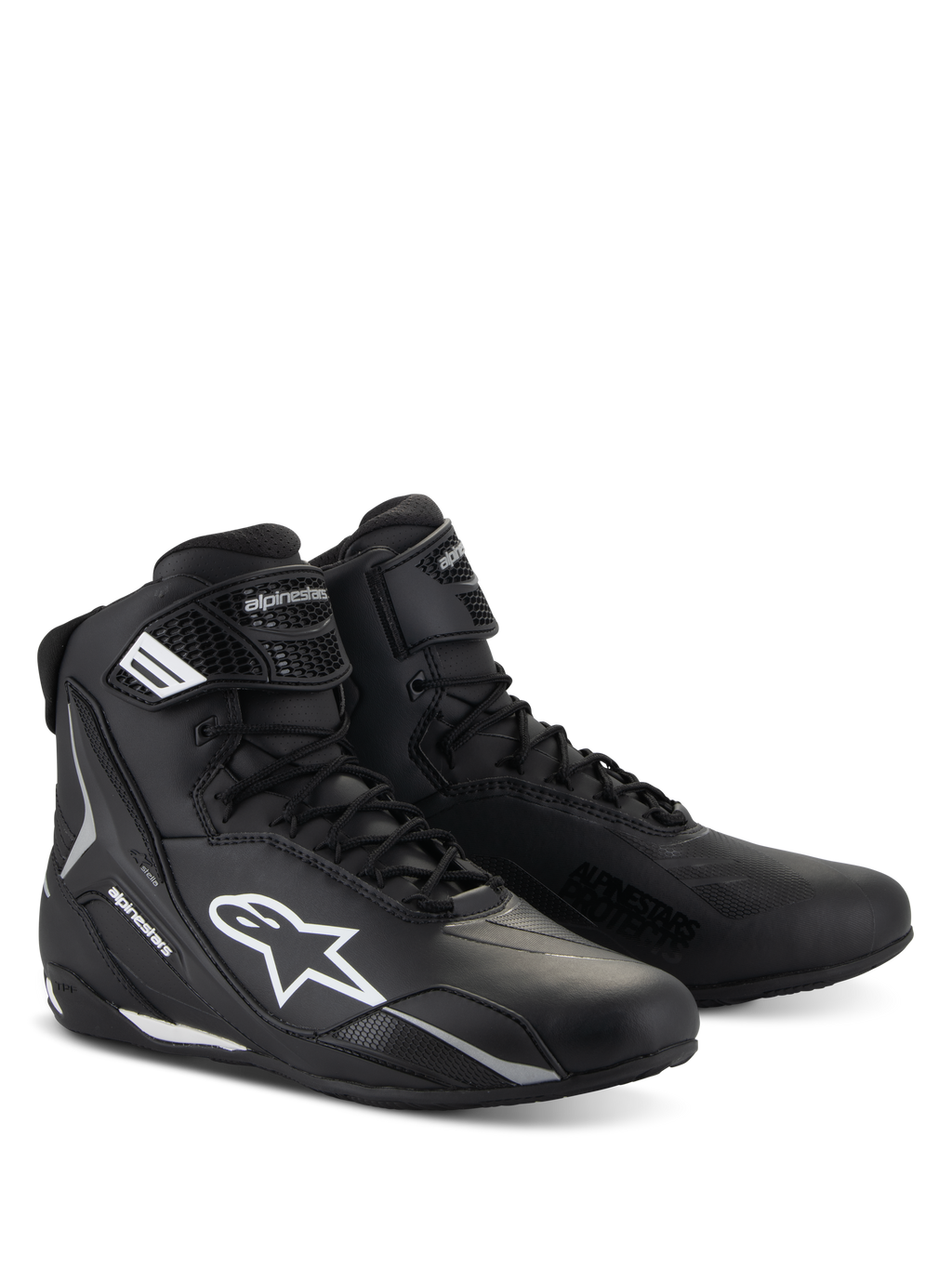 Buty Alpinestars Stella Faster-4, damskie buty motocyklowe, czarne z białymi akcentami, sportowy design za kostkę ze sznurowaniem i paskiem na rzep, wytrzymała konstrukcja z mikrowłókna z ochronnym logo z boku