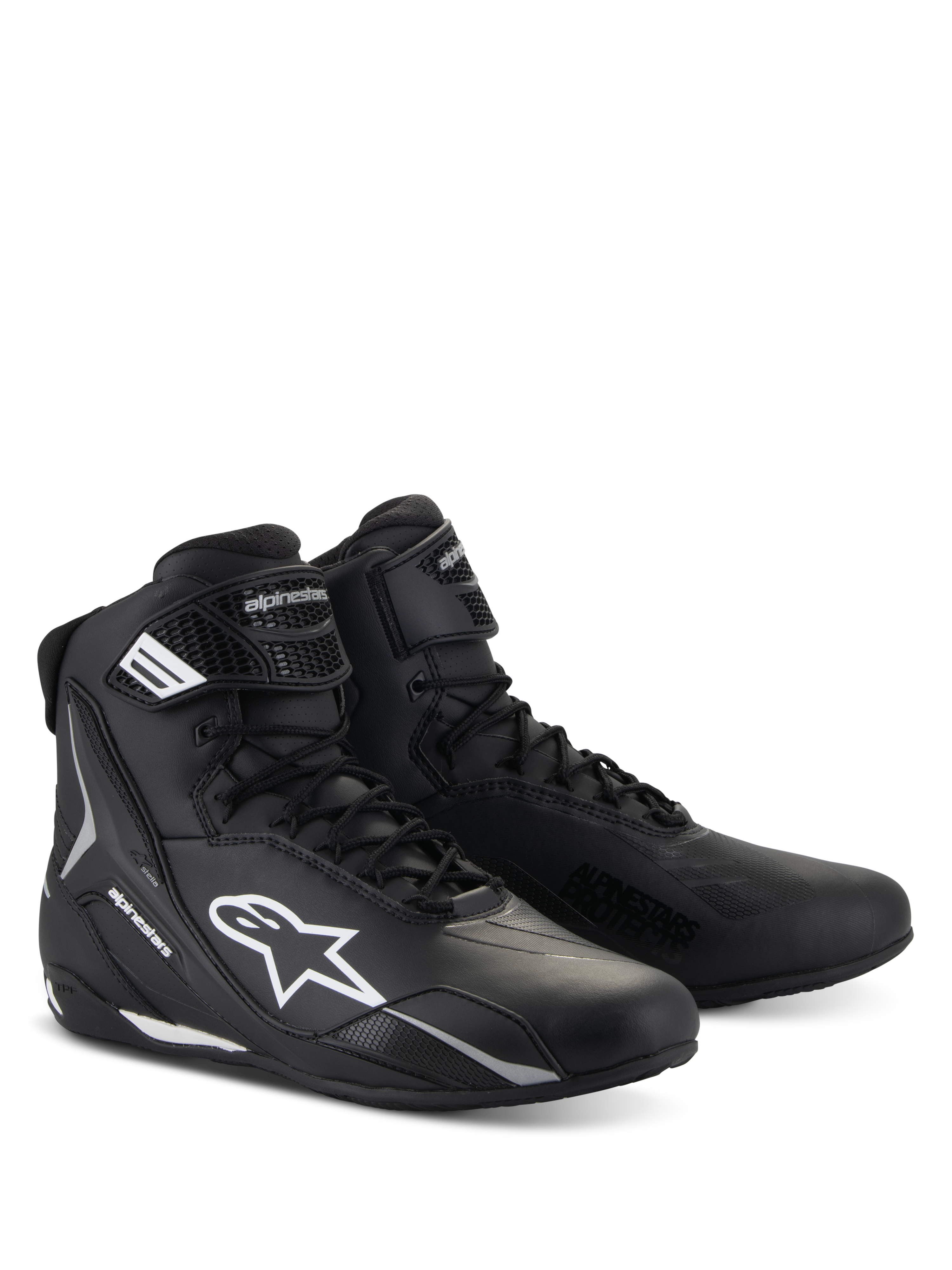 Buty Alpinestars Stella Faster-4, damskie buty motocyklowe, czarne z białymi akcentami, sportowy design za kostkę ze sznurowaniem i paskiem na rzep, wytrzymała konstrukcja z mikrowłókna z ochronnym logo z boku