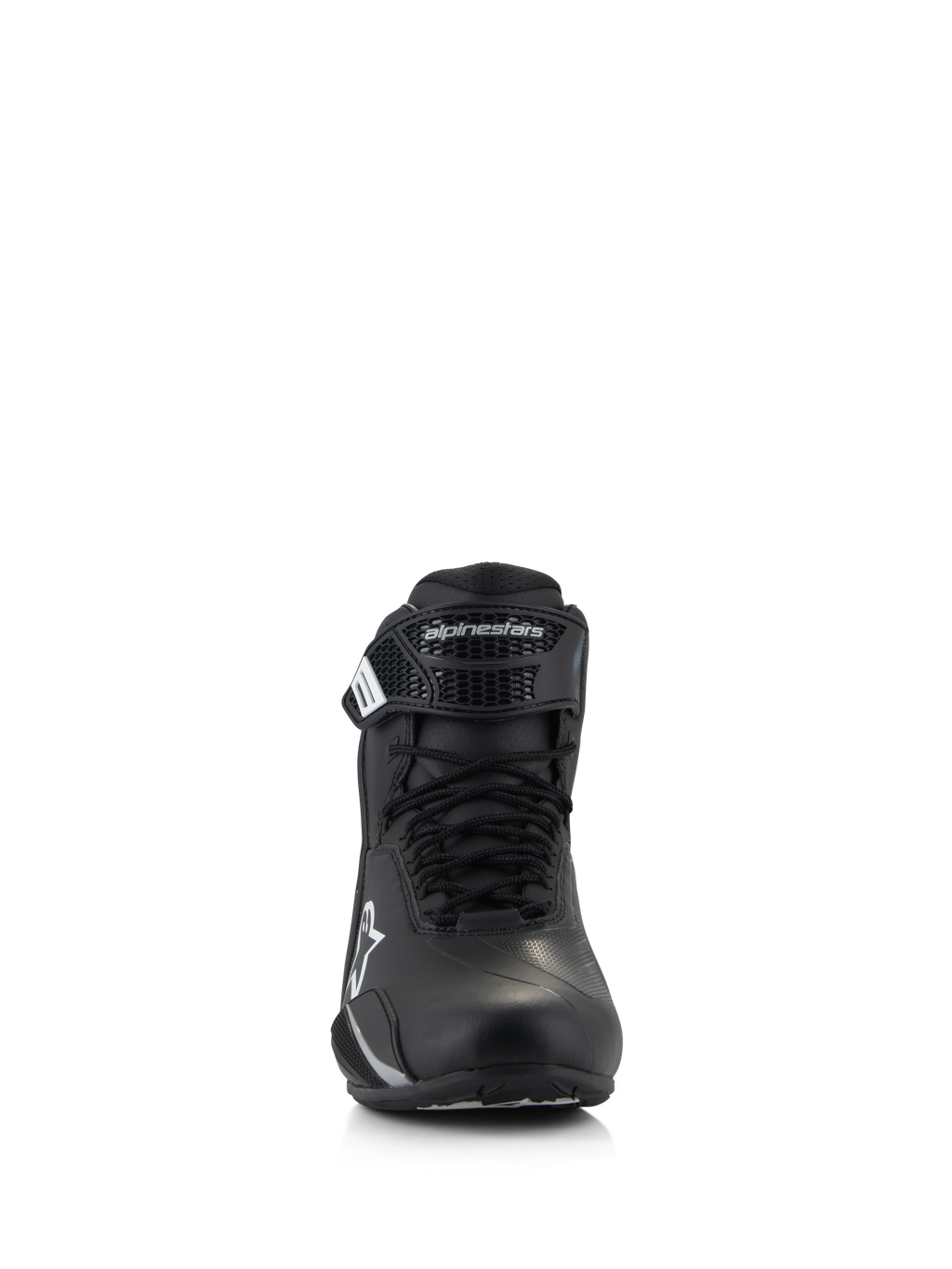 Buty Alpinestars Stella Faster-4, damskie buty motocyklowe, czarne, widok z przodu, wyposażone w sznurowadła i regulowany pasek na rzep z logo Alpinestars, techniczne obuwie szosowe o lekkiej konstrukcji z mikrowłókna
