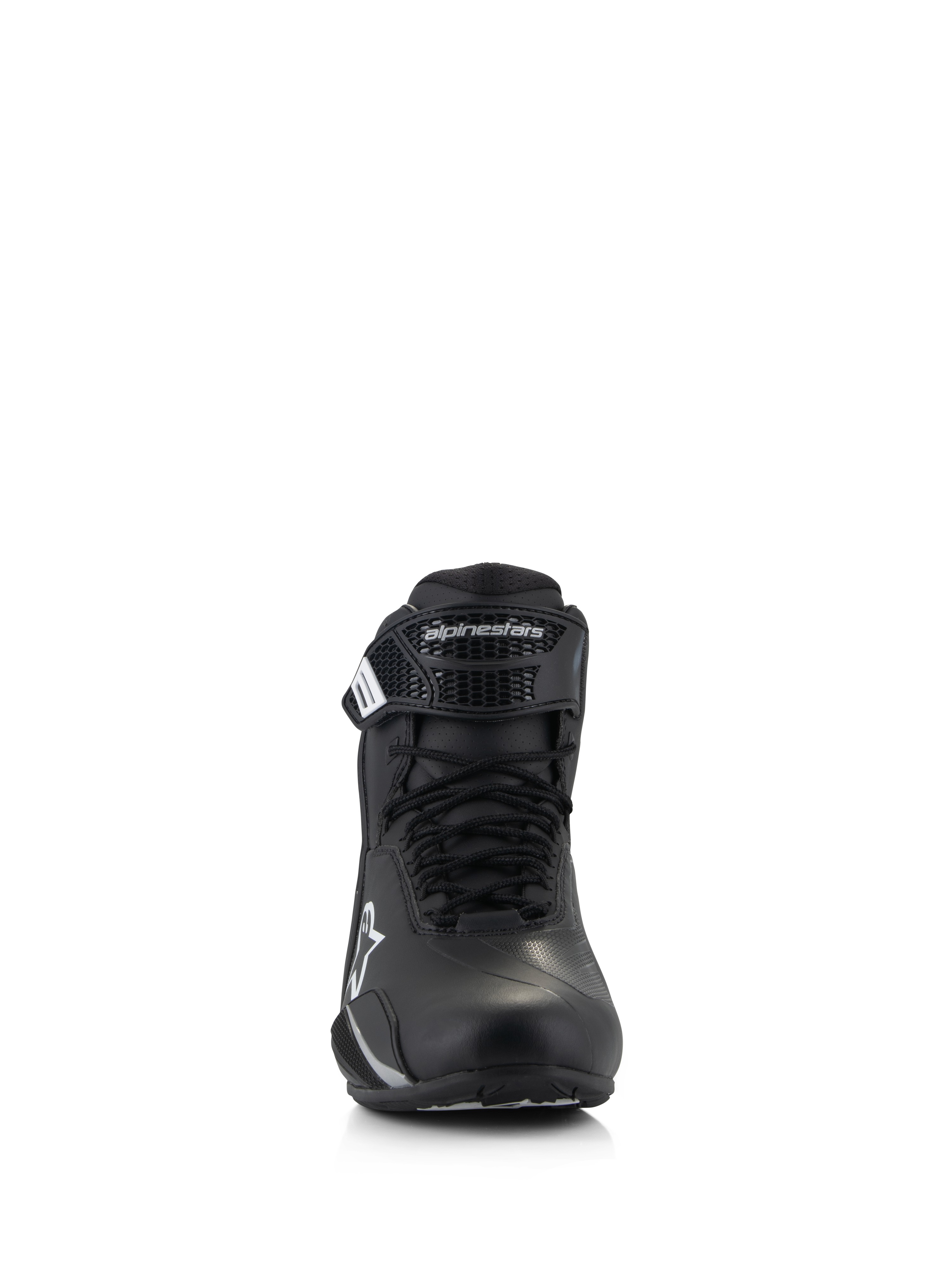 Buty Alpinestars Stella Faster-4, damskie buty motocyklowe, czarne, widok z przodu, wyposażone w sznurowadła i regulowany pasek na rzep z logo Alpinestars, techniczne obuwie szosowe o lekkiej konstrukcji z mikrowłókna