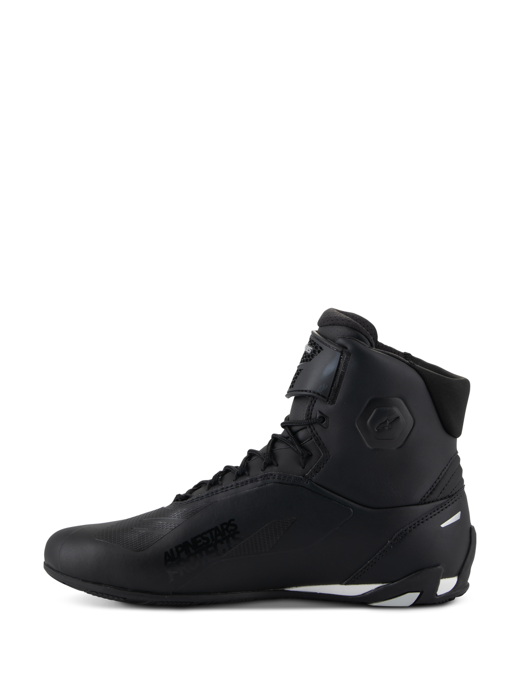 Alpinestars Stella Faster-4 Shoes, damskie buty motocyklowe, czarne z białymi akcentami, widok z boku, wysoka cholewka ze sznurowaniem i regulowanym paskiem na kostkę, ochronne obuwie motocyklowe