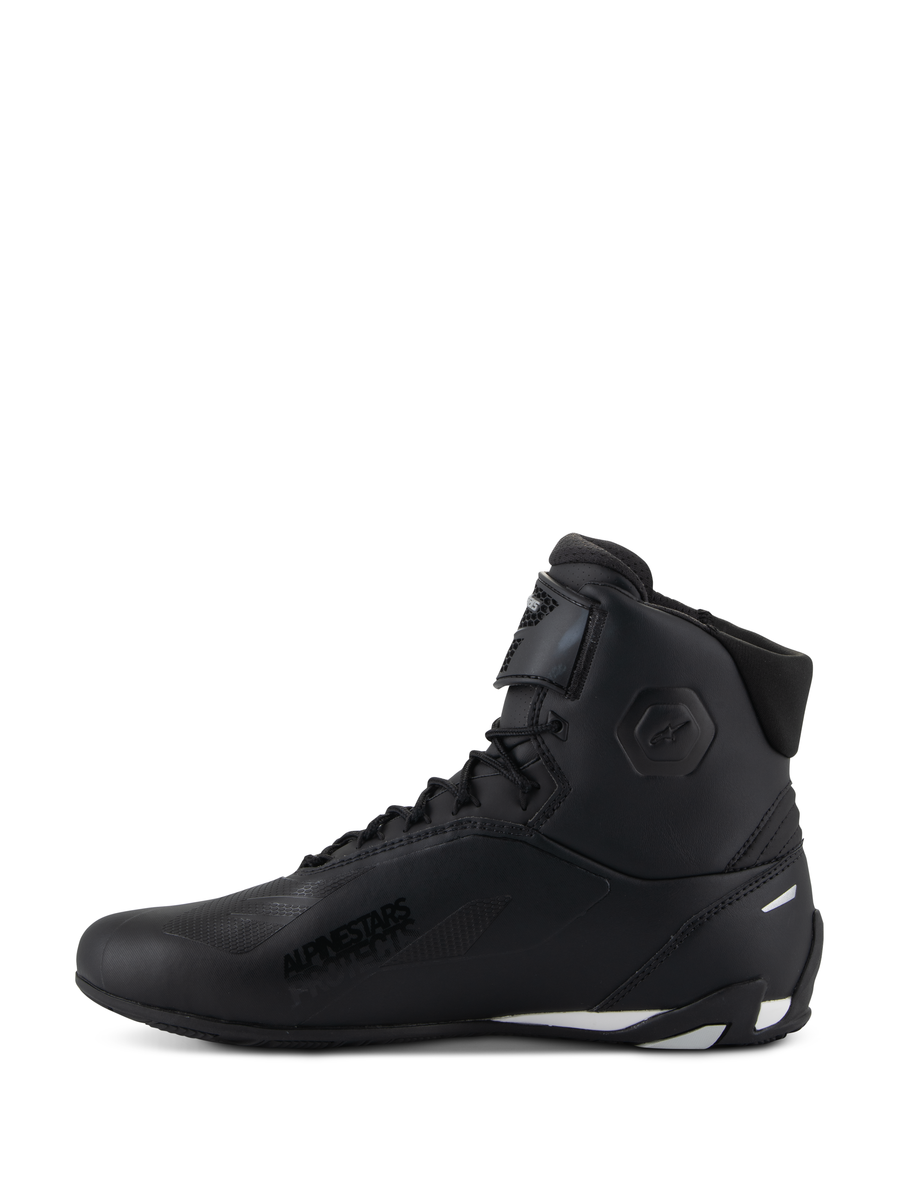 Alpinestars Stella Faster-4 Shoes, damskie buty motocyklowe, czarne z białymi akcentami, widok z boku, wysoka cholewka ze sznurowaniem i regulowanym paskiem na kostkę, ochronne obuwie motocyklowe
