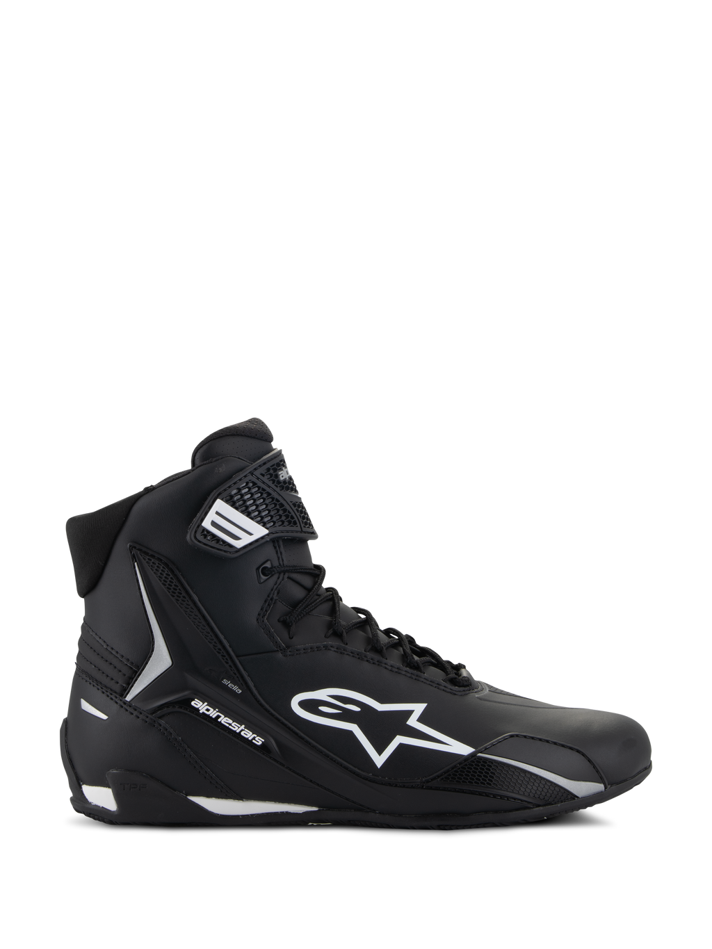 Alpinestars Stella Faster-4, damskie buty motocyklowe, czarno-białe, wysoka konstrukcja z logo Astars i paskiem na kostce, widok z boku