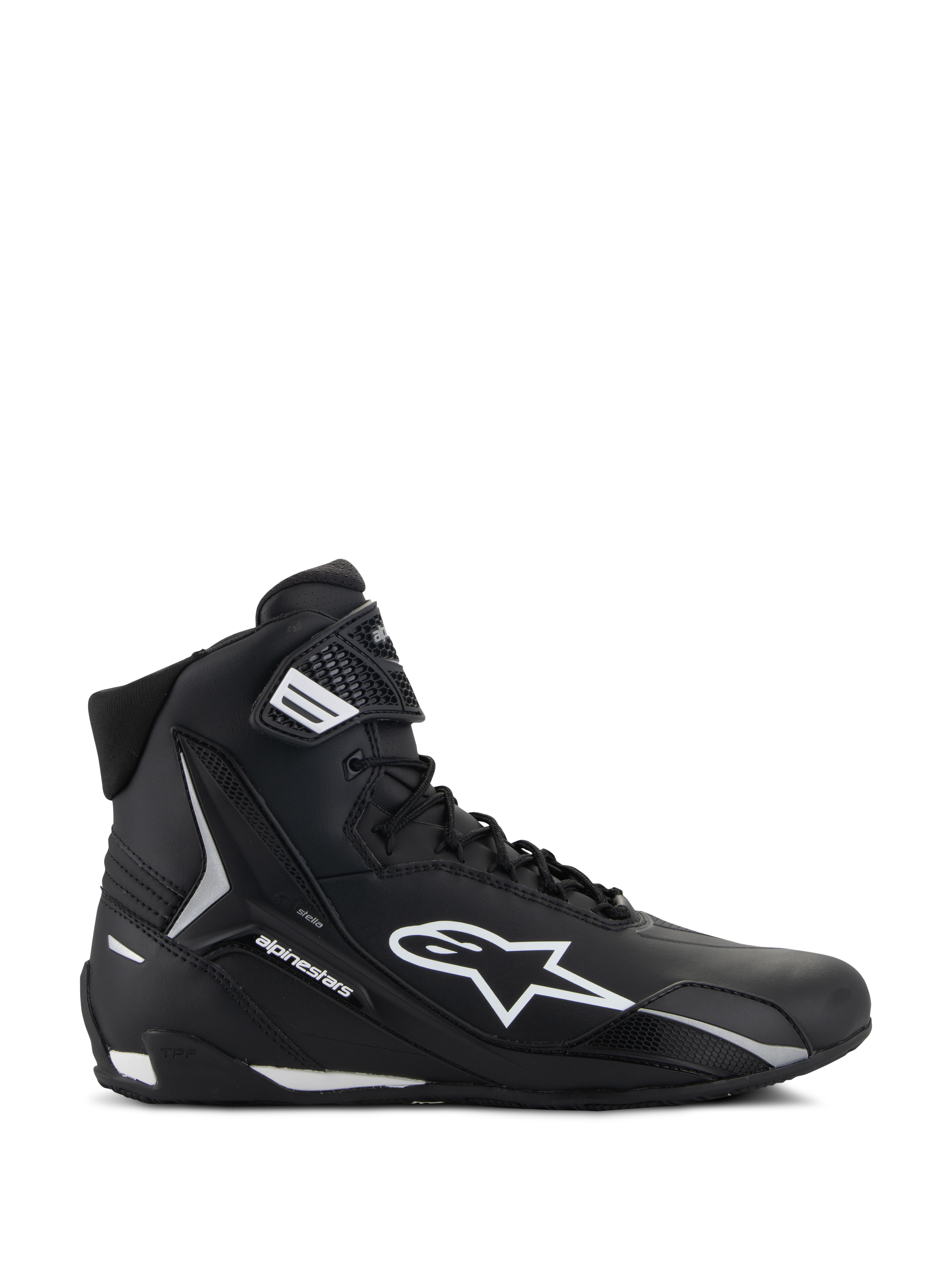 Alpinestars Stella Faster-4, damskie buty motocyklowe, czarno-białe, wysoka konstrukcja z logo Astars i paskiem na kostce, widok z boku