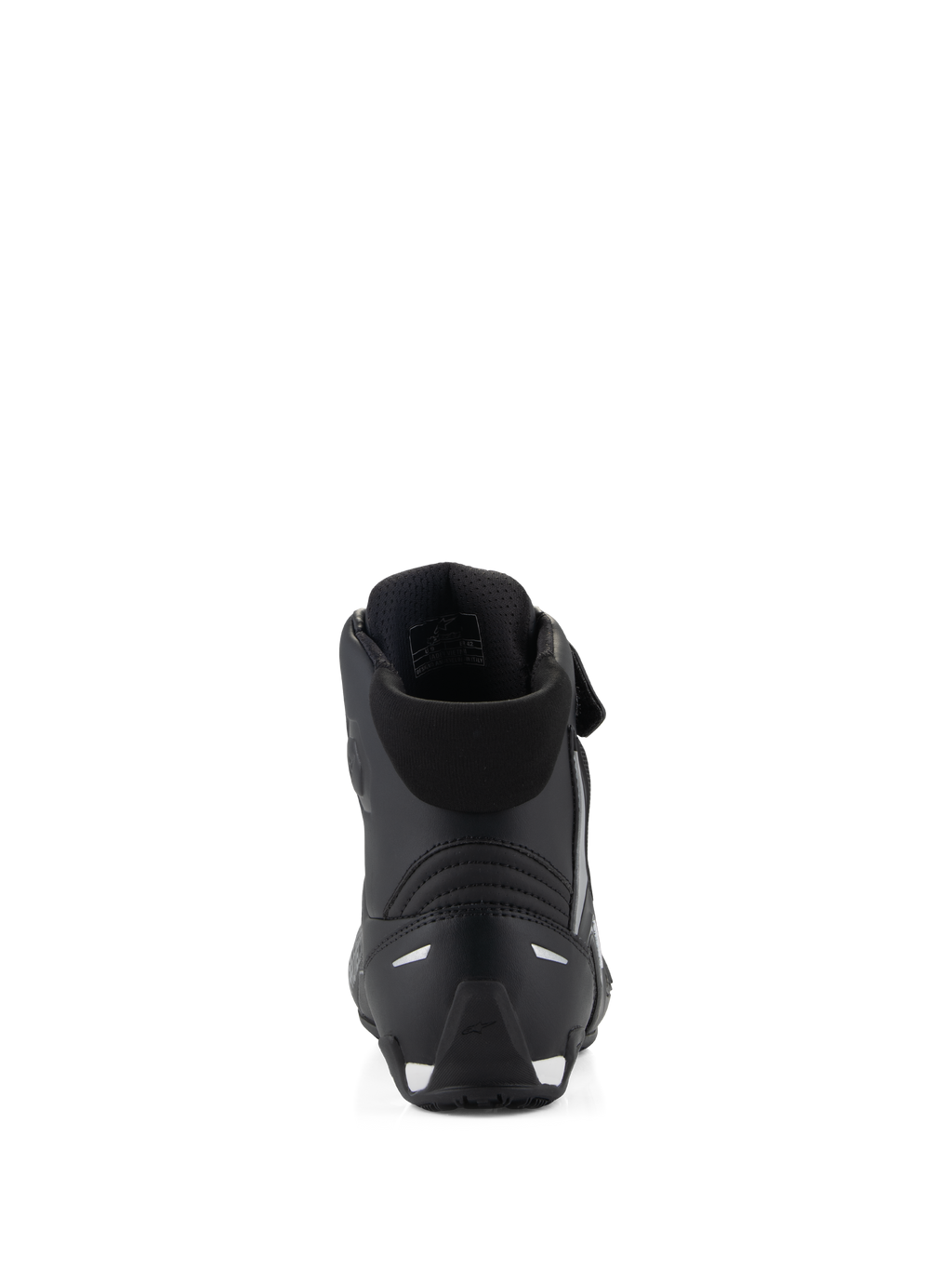 Alpinestars Stella Faster-4 Shoes, damskie buty motocyklowe, czarne, widok z tyłu pokazujący wyściełany kołnierz, wzmocnioną osłonę pięty TPR i odblaskowe elementy, smukły, sportowy design do jazdy szosowej
