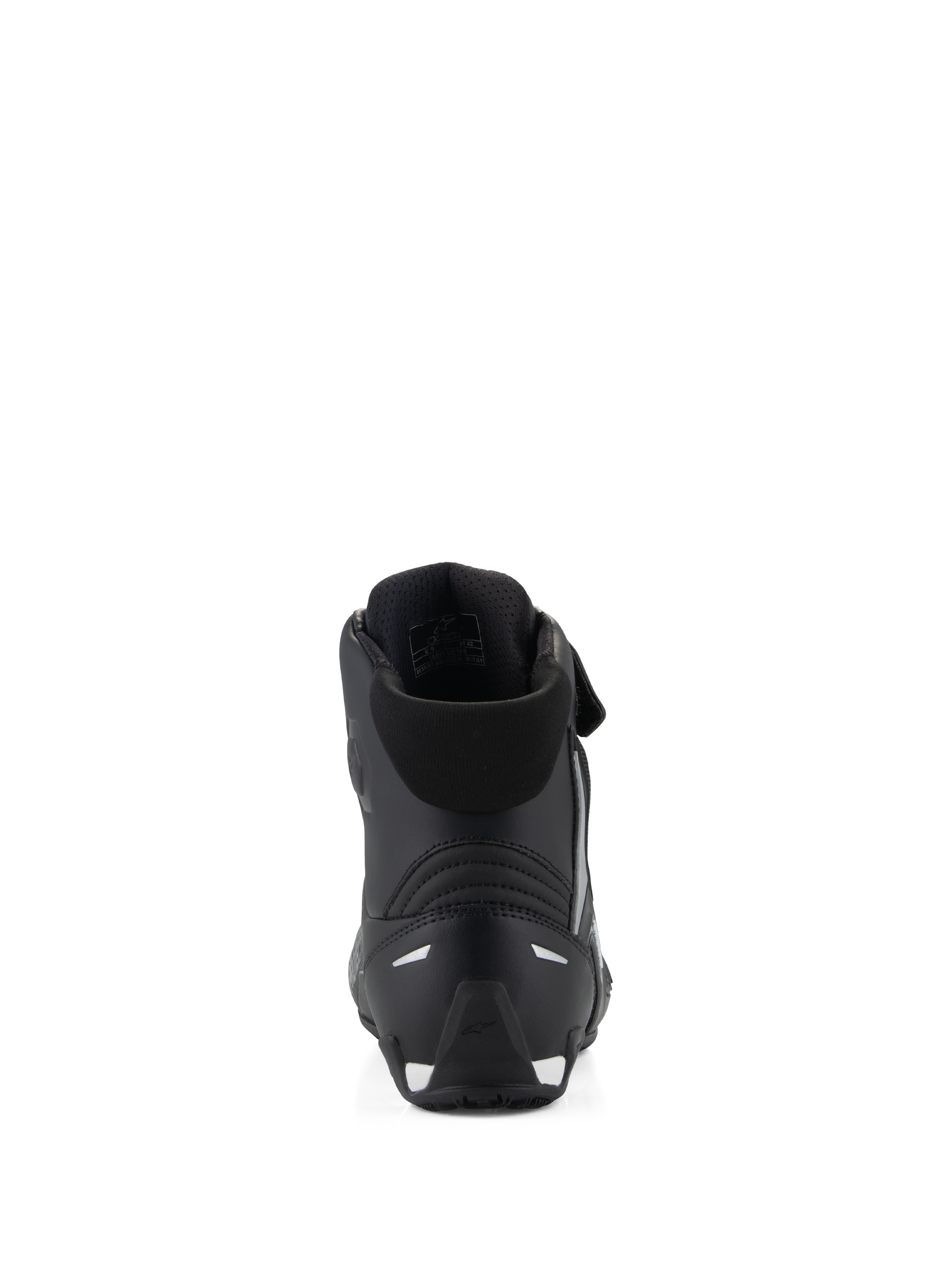 Alpinestars Stella Faster-4 Shoes, damskie buty motocyklowe, czarne, widok z tyłu pokazujący wyściełany kołnierz, wzmocnioną osłonę pięty TPR i odblaskowe elementy, smukły, sportowy design do jazdy szosowej