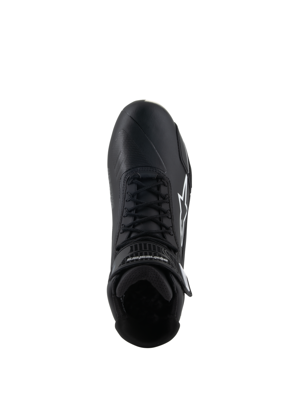 Buty Alpinestars Stella Faster-4, damskie buty motocyklowe, czarne, widok z góry, czarne sznurowadła, białe logo gwiazdy Alpinestars, regulowany pasek przy kostce, smukła konstrukcja z mikrowłókna do jazdy szosowej i sportowej